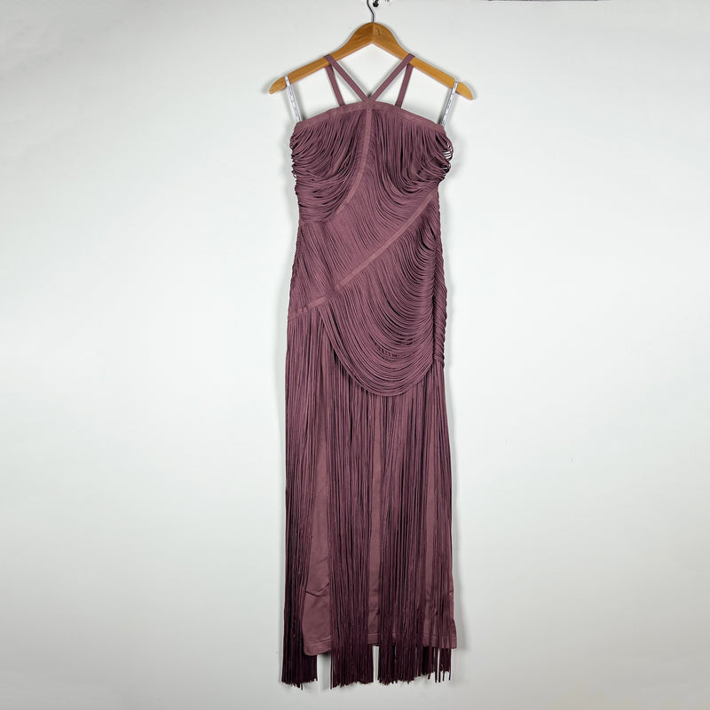 NEW Herve Leger Amelia Halterneck Stretch Knit Draped Fringe Midi Dress Mauve M