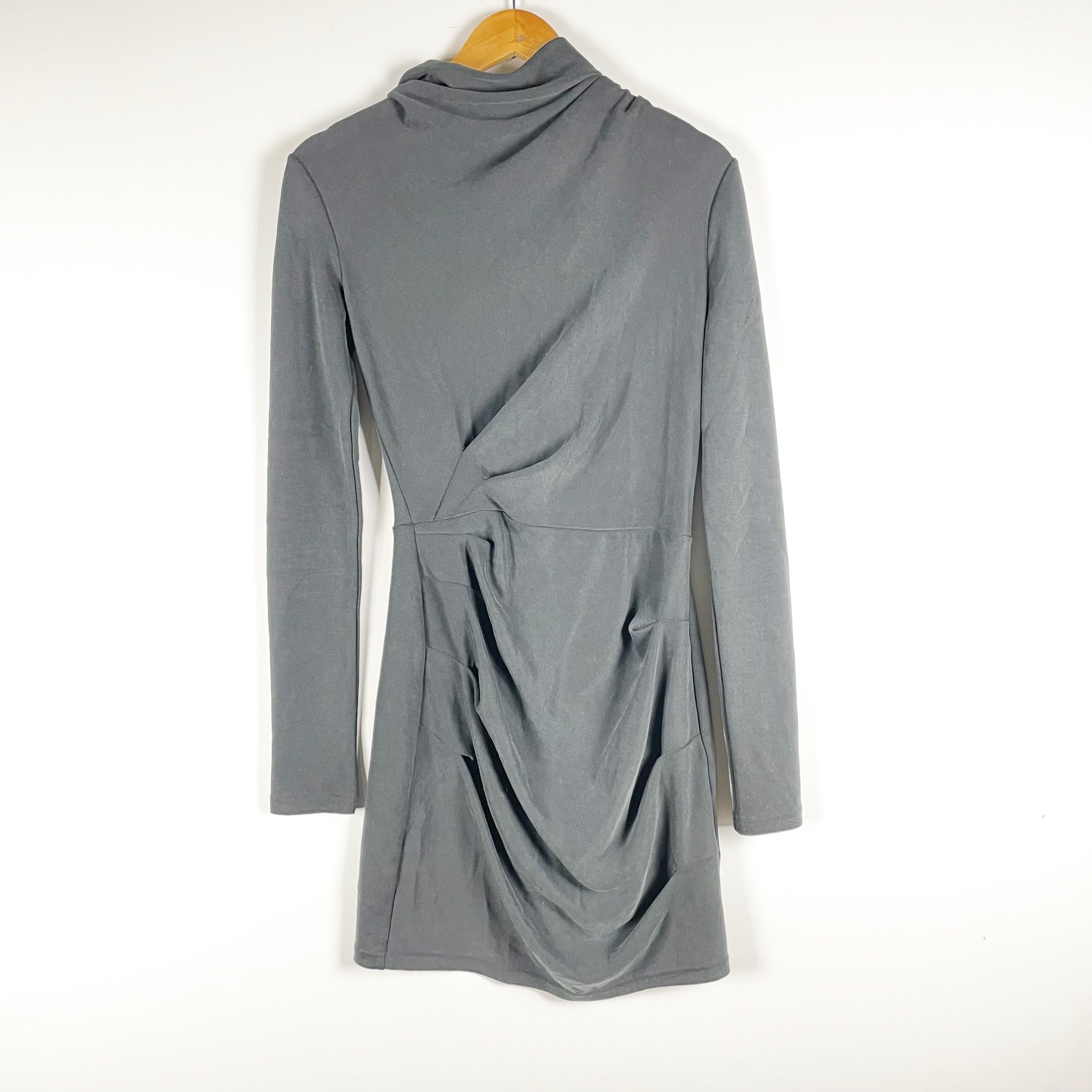 Acler Modal Blend Mock Neck Ruched Draped Long Sleeve Mini Dress Charcoal 4