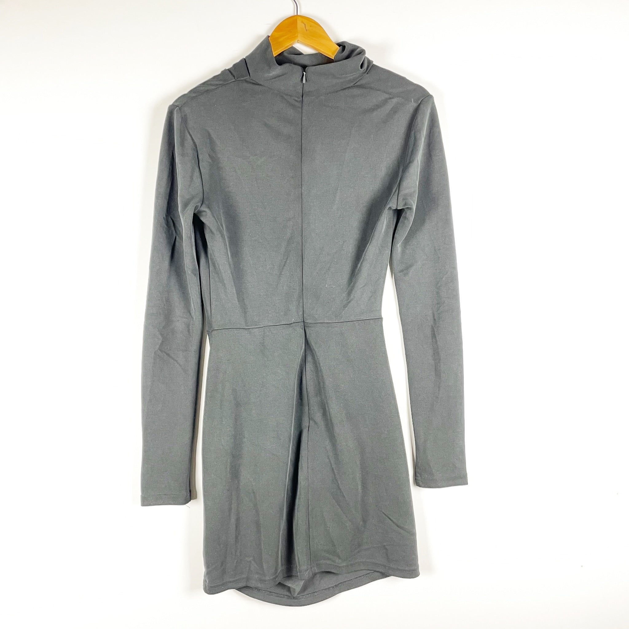 Acler Modal Blend Mock Neck Ruched Draped Long Sleeve Mini Dress Charcoal 4