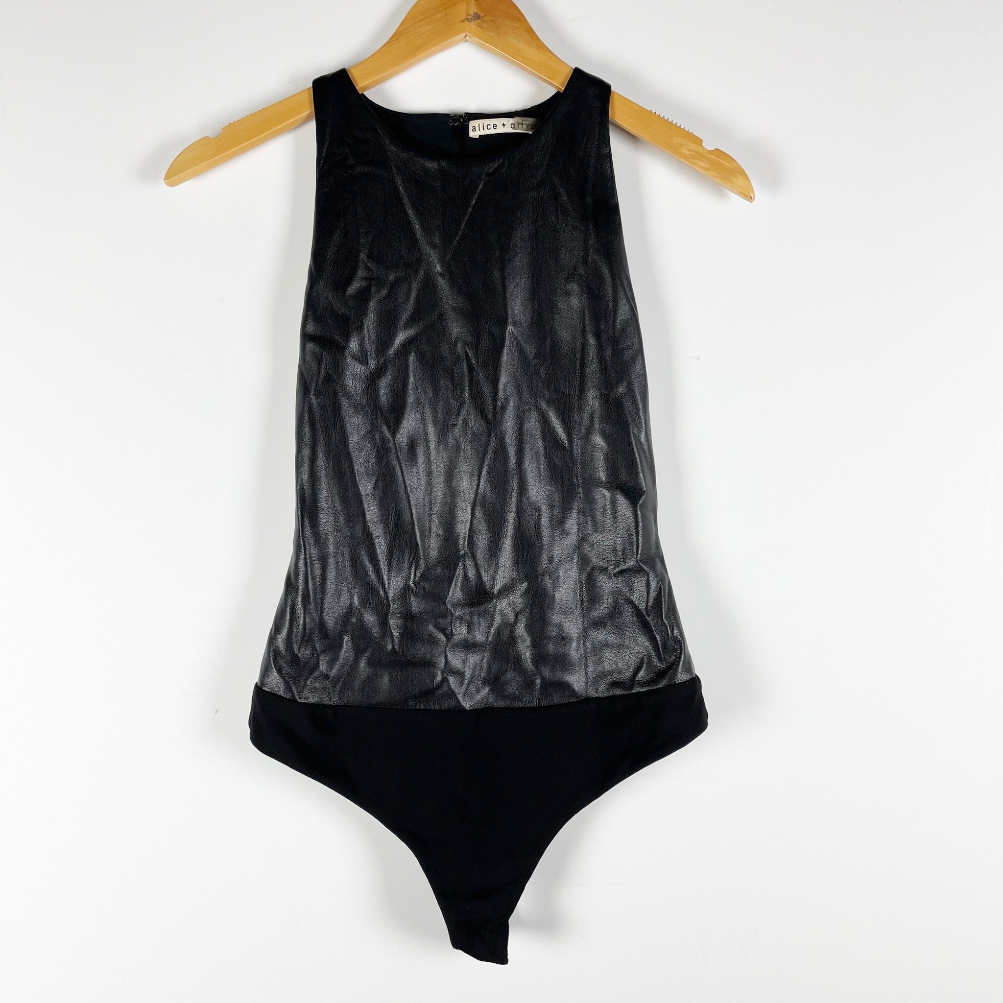 Alice And Olivia Faux Vegan Leather Scoop Neck Sleeveless Tank Bodysuit Black S