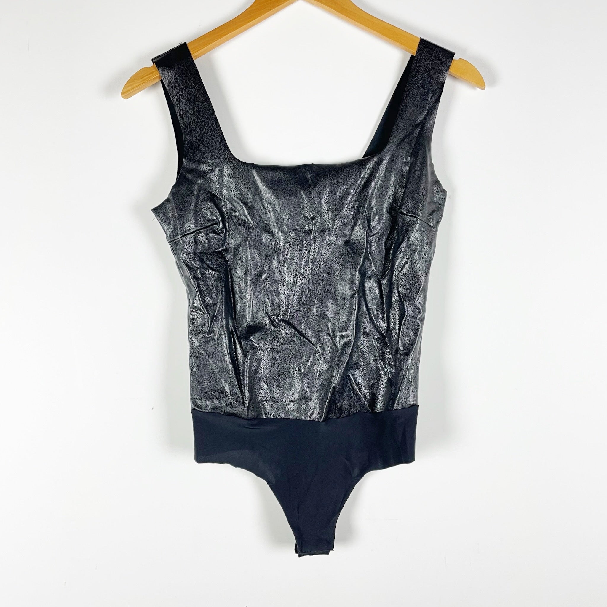 Commando Faux Vegan Leather Sleeveless Square Neck One Piece Bodysuit Black S