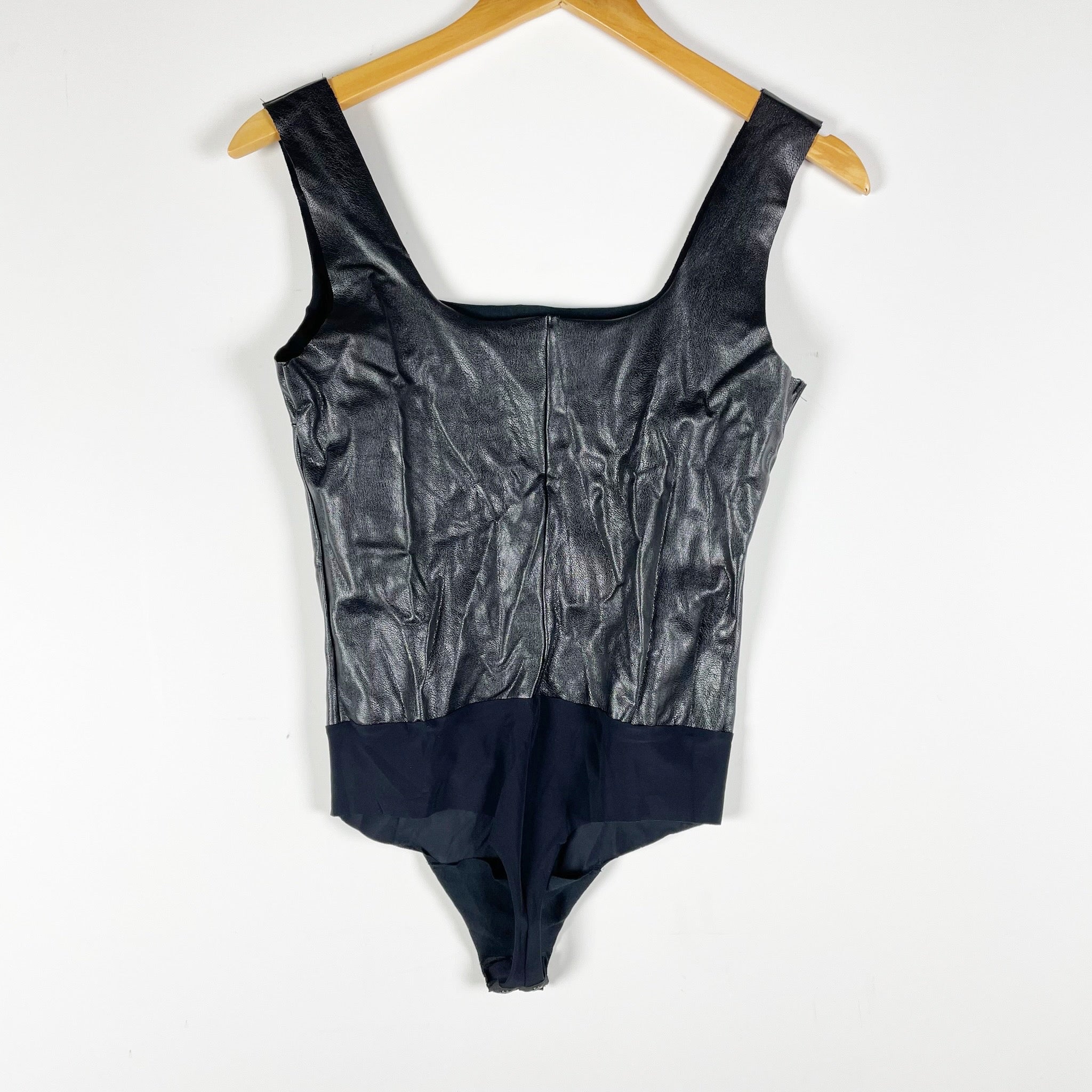 Commando Faux Vegan Leather Sleeveless Square Neck One Piece Bodysuit Black S