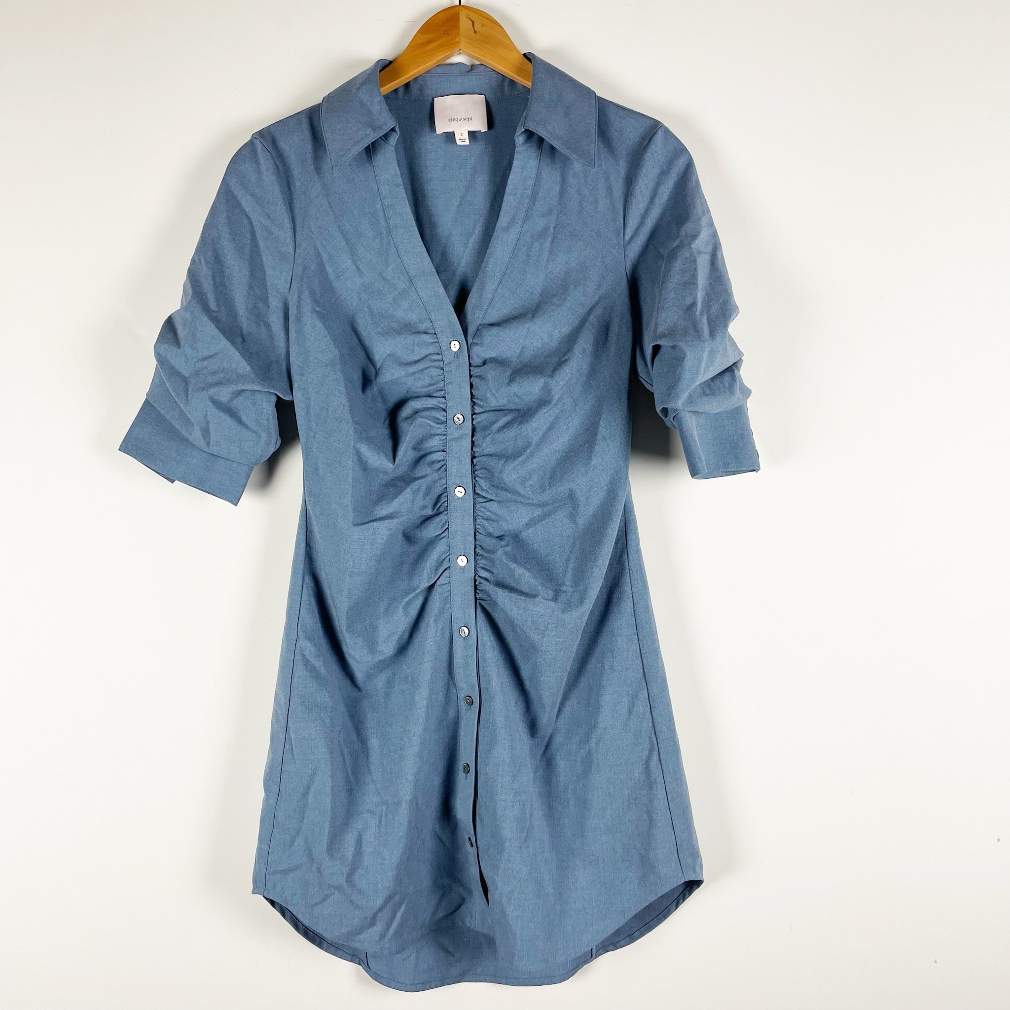 Cinq A Sept Elina Gathered Ruched Waist Button Mini Shirt Dress Chambray Blue 2