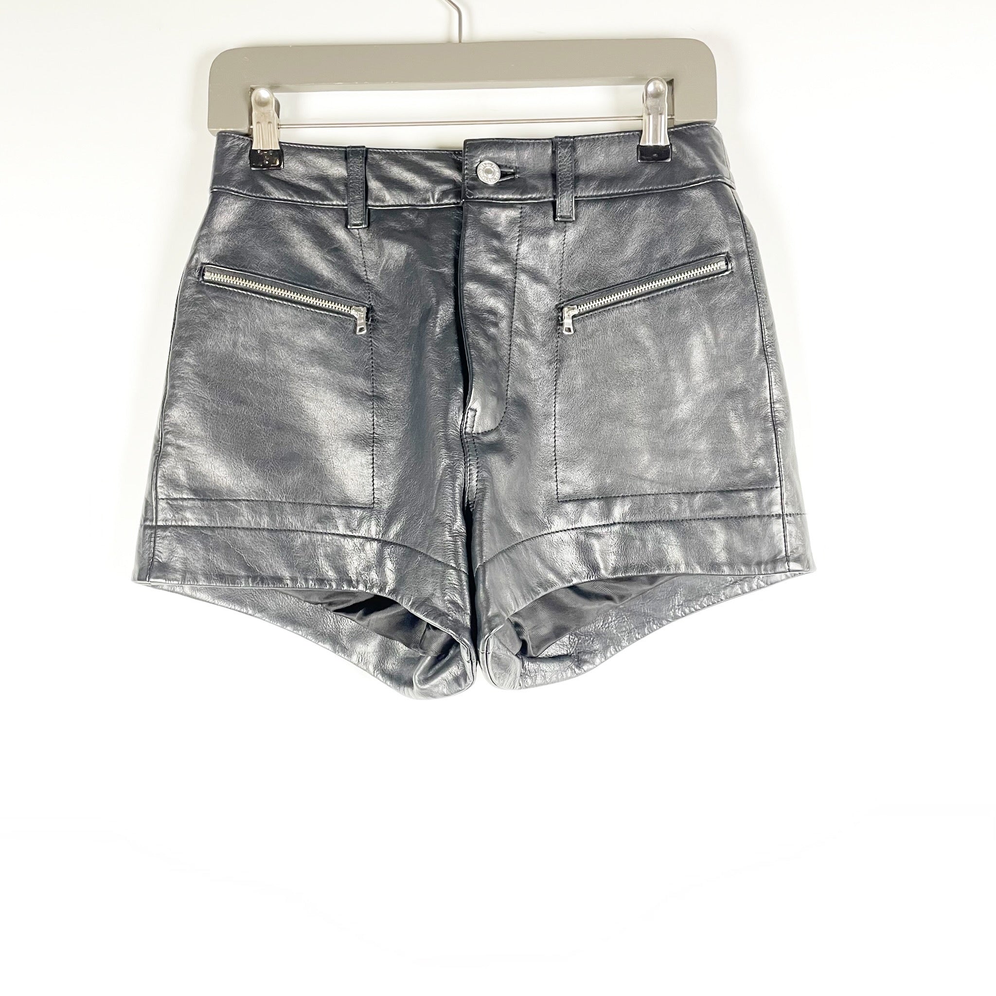 7 For All Mankind Genuine Leather High Rise Mini Hot Shorts Black 26