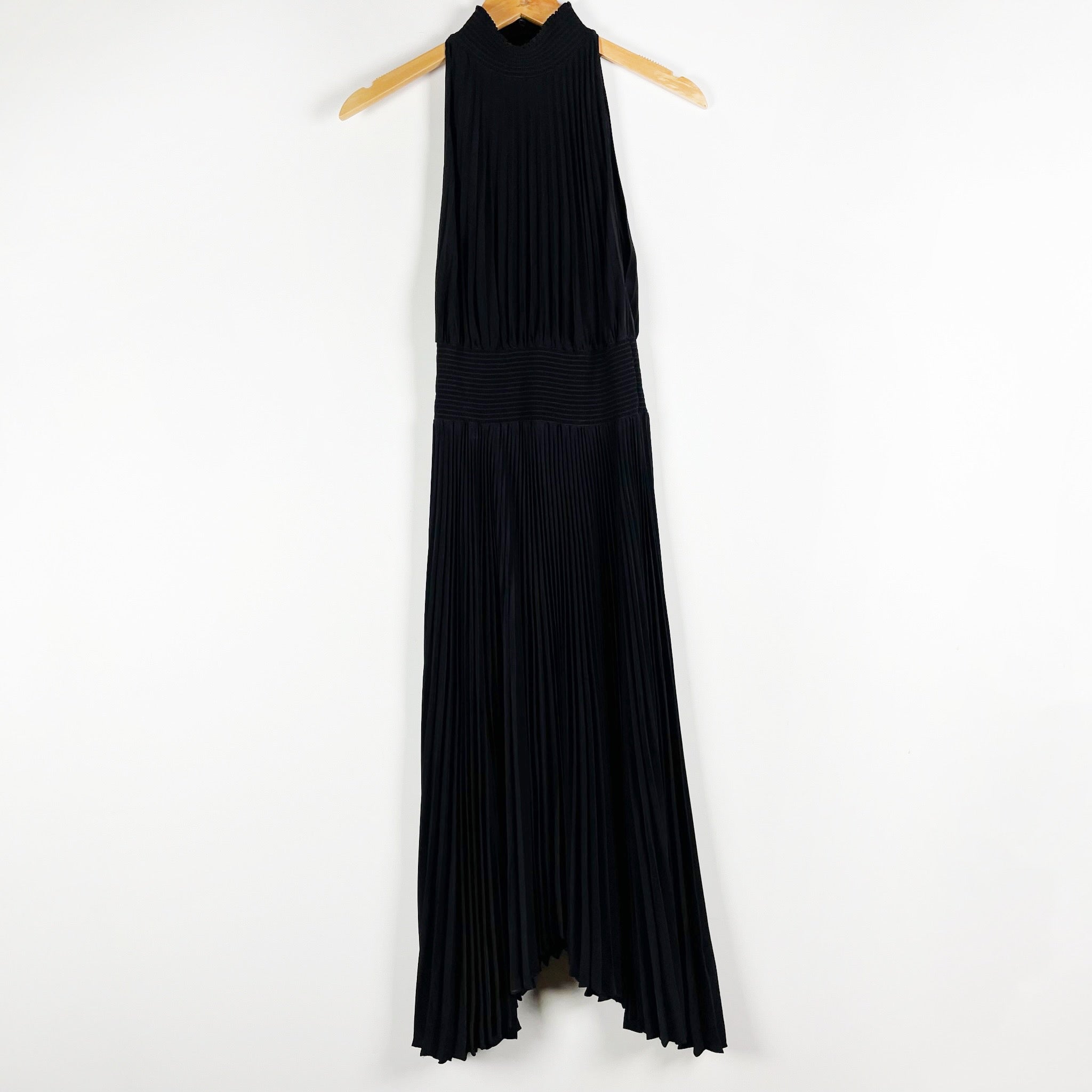 A.L.C. Renzo Matte Pleated High Neck Sleeveless Smock Waist Midi Dress Black 2