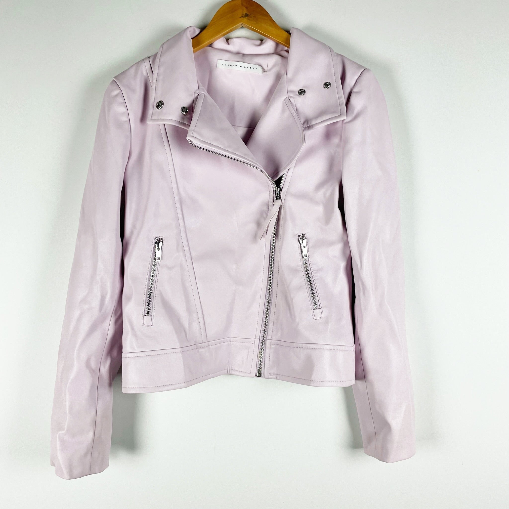 Susana Monaco Faux Vegan Leather Full Zip Moto Jacket Light Pink XS