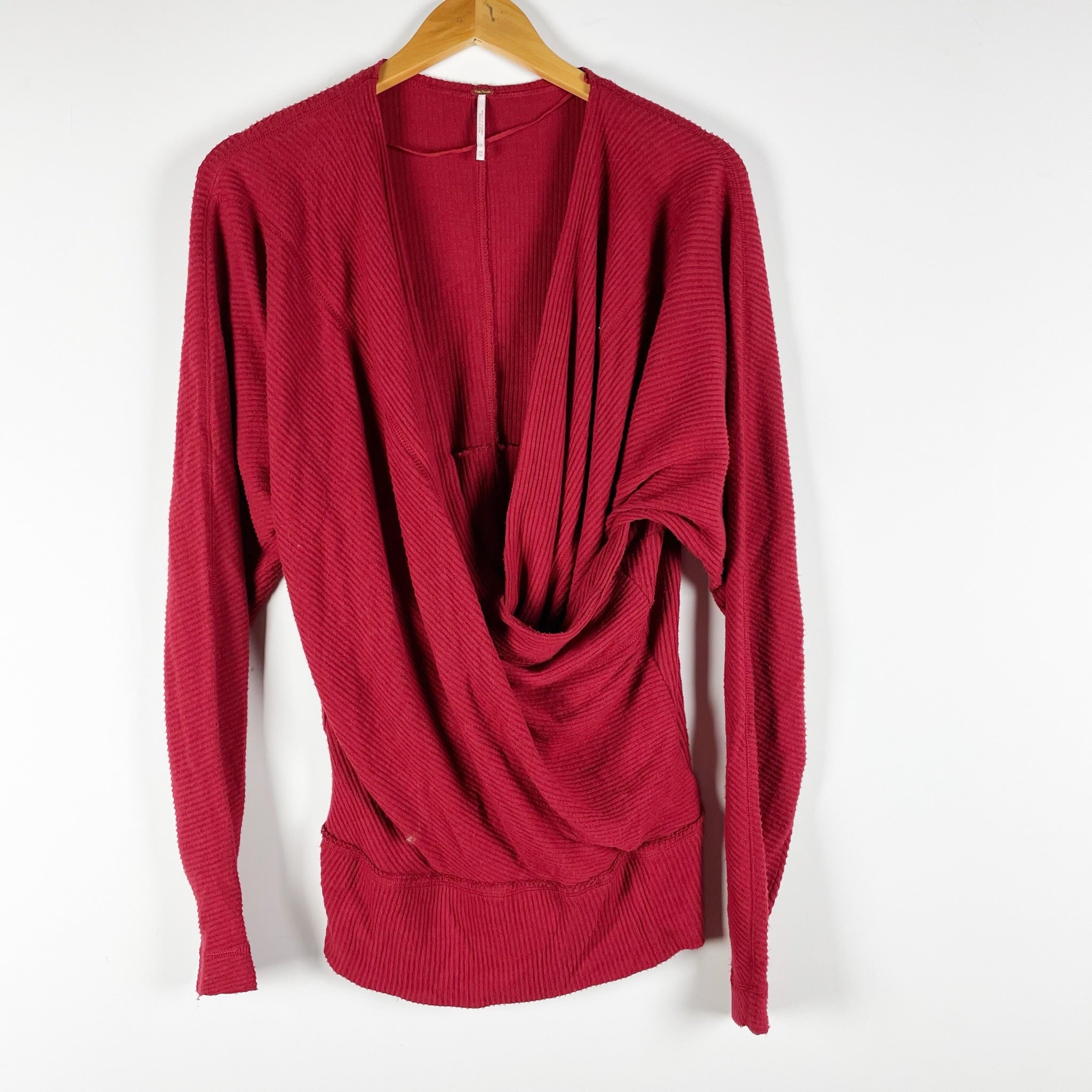 Free People Cozy With You Deep V Neck Faux Wrap Pullover Sweater Red XS