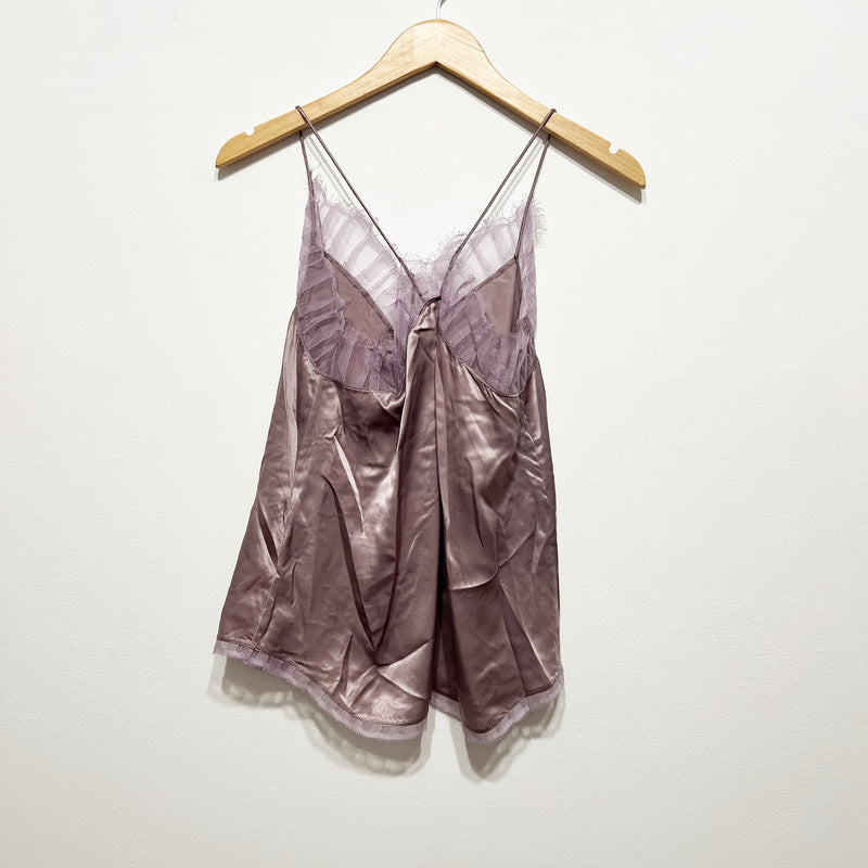 NEW IRO Berwyn Silk Satin Chiffon Pleated Tulle Trim Camisole Tank Top Purple XS