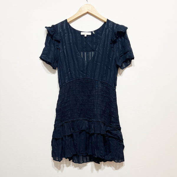 LoveShackFancy Rena Smocked Stretch Waist V Neck Ruffle Mini Dress Midnight M