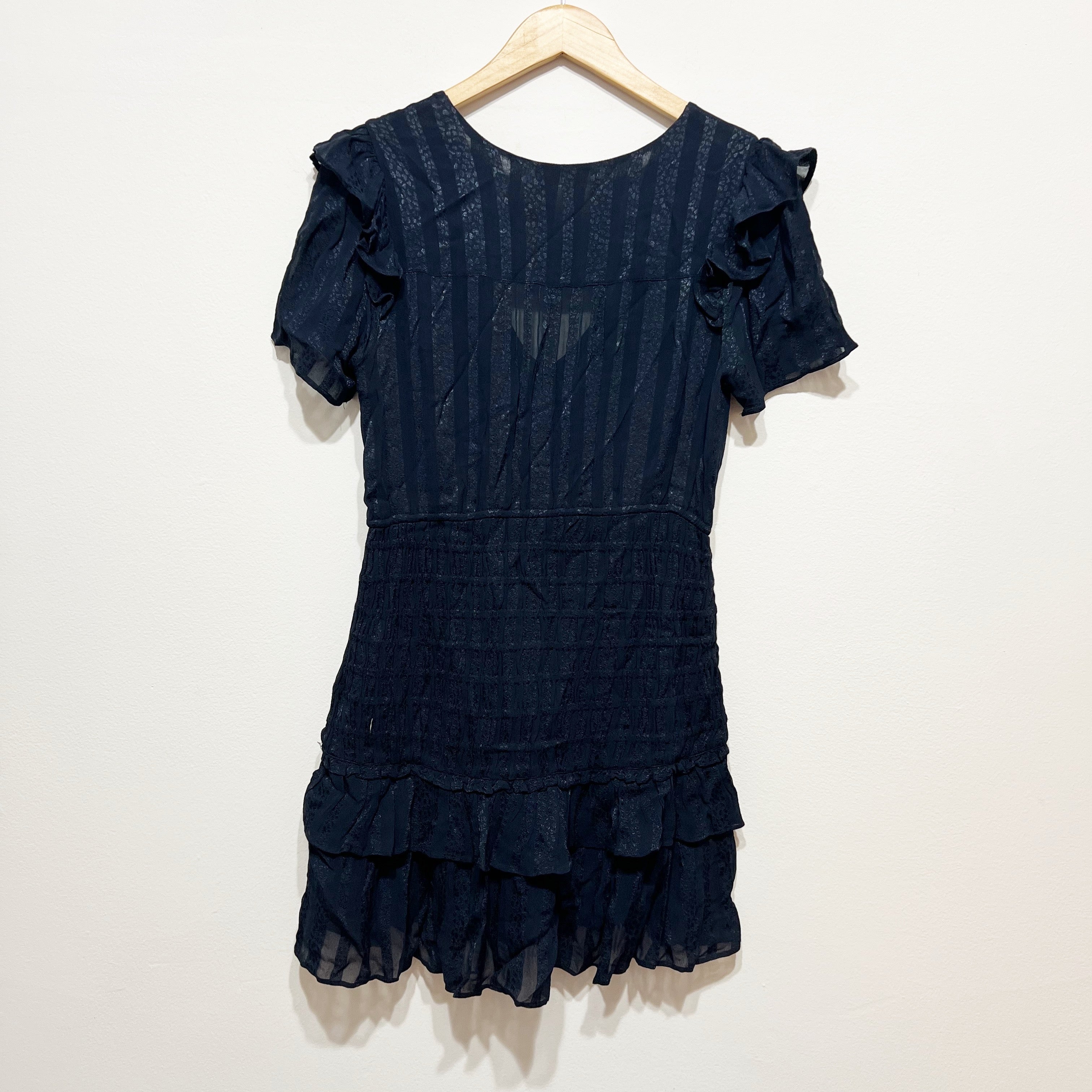 LoveShackFancy Rena Smocked Stretch Waist V Neck Ruffle Mini Dress Midnight M