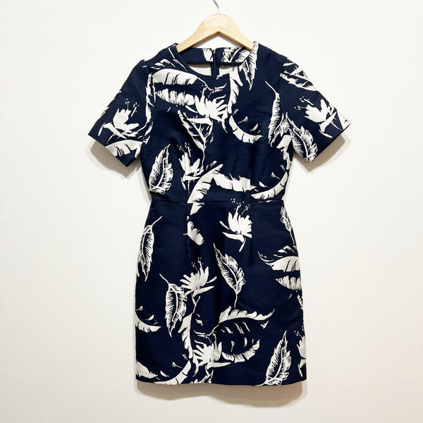 NEW Adam Lippes Silk Lined Floral Flower Feather Print Pattern Navy White Dress