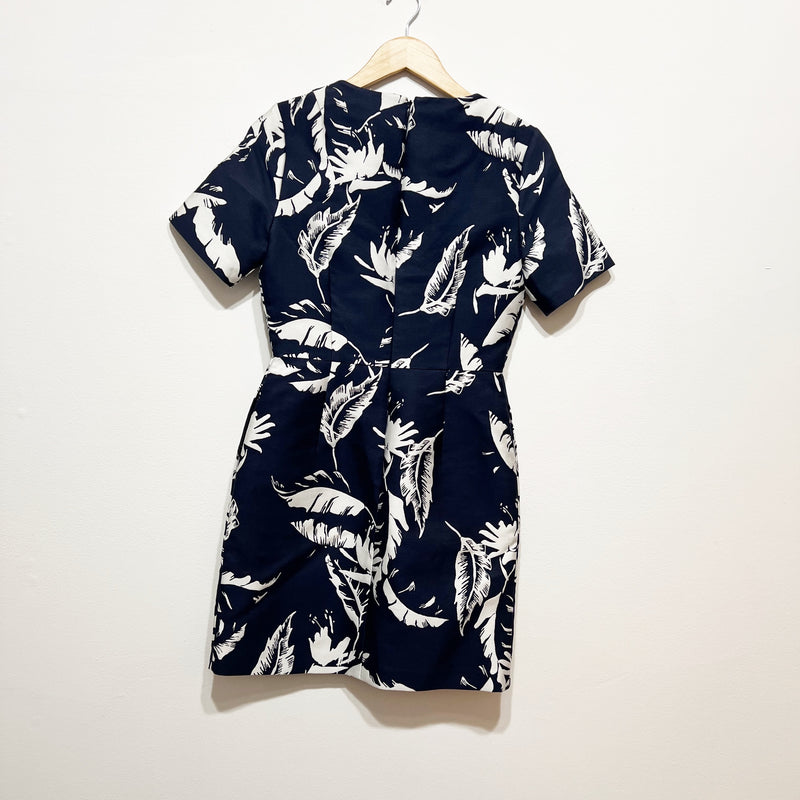 NEW Adam Lippes Silk Lined Floral Flower Feather Print Pattern Navy White Dress