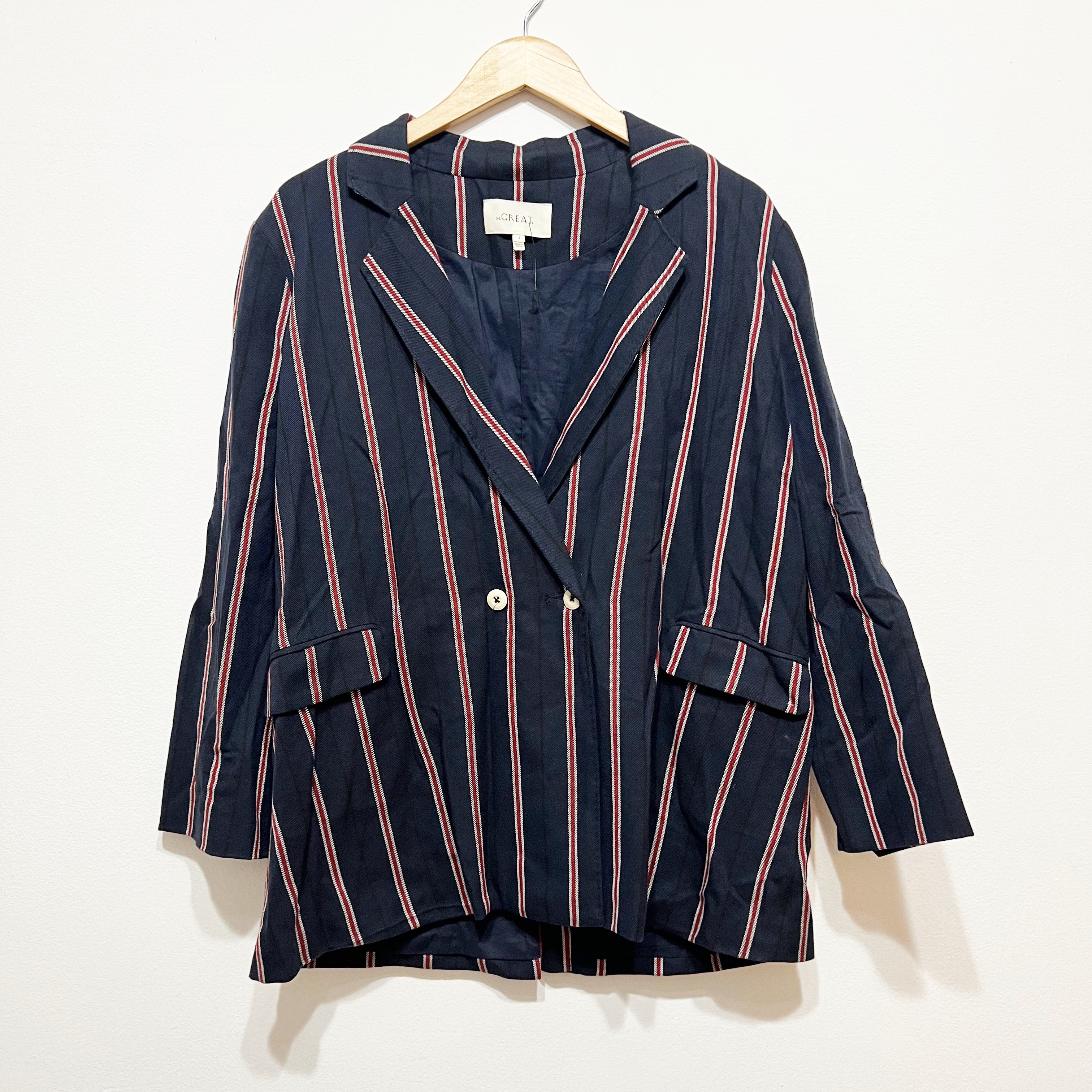 The Great Women's Shlumpy Cotton Double Breasted Striped Blazer Jacket Blue L