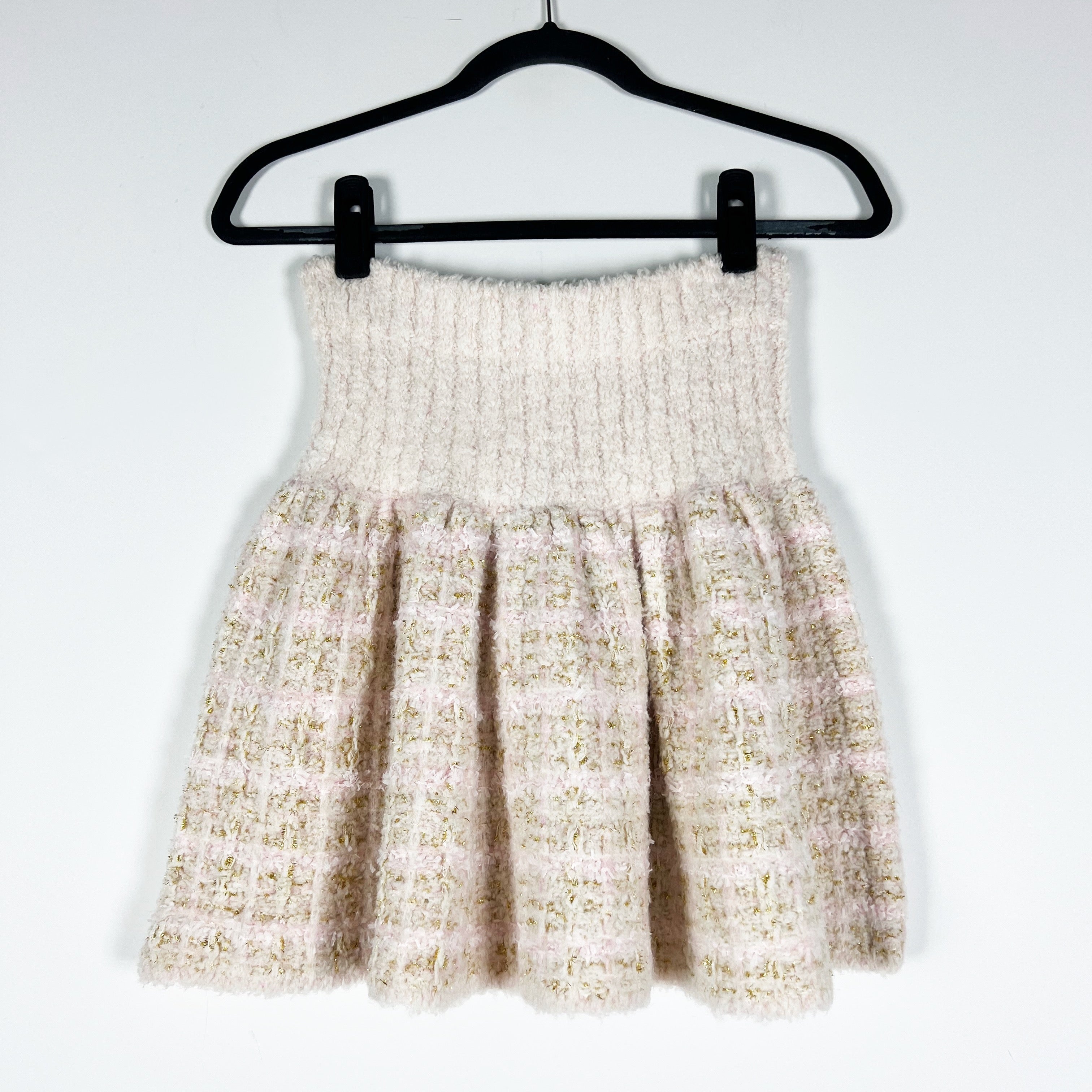 NEW LoveShackFancy Bibi Wool Metallic Tweed Boucle Mini Skirt Cream Puff Pink S