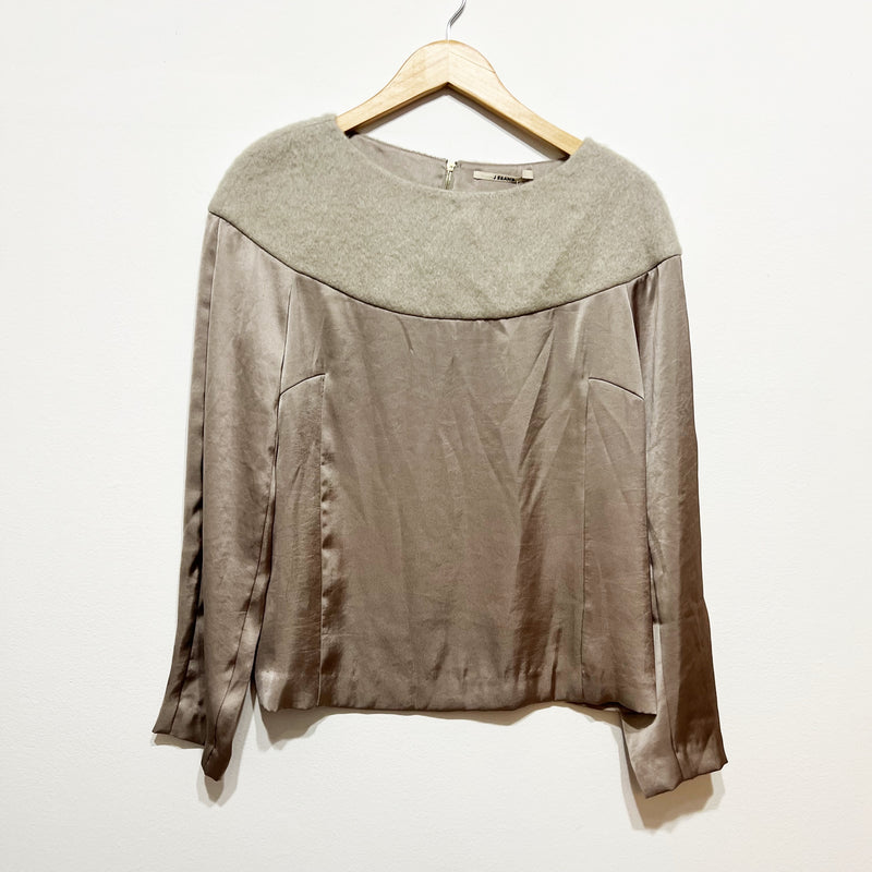 NEW J Brand Felt Textured Wool Satin Contrast Mixed Media Panel Blouse Gray Dove