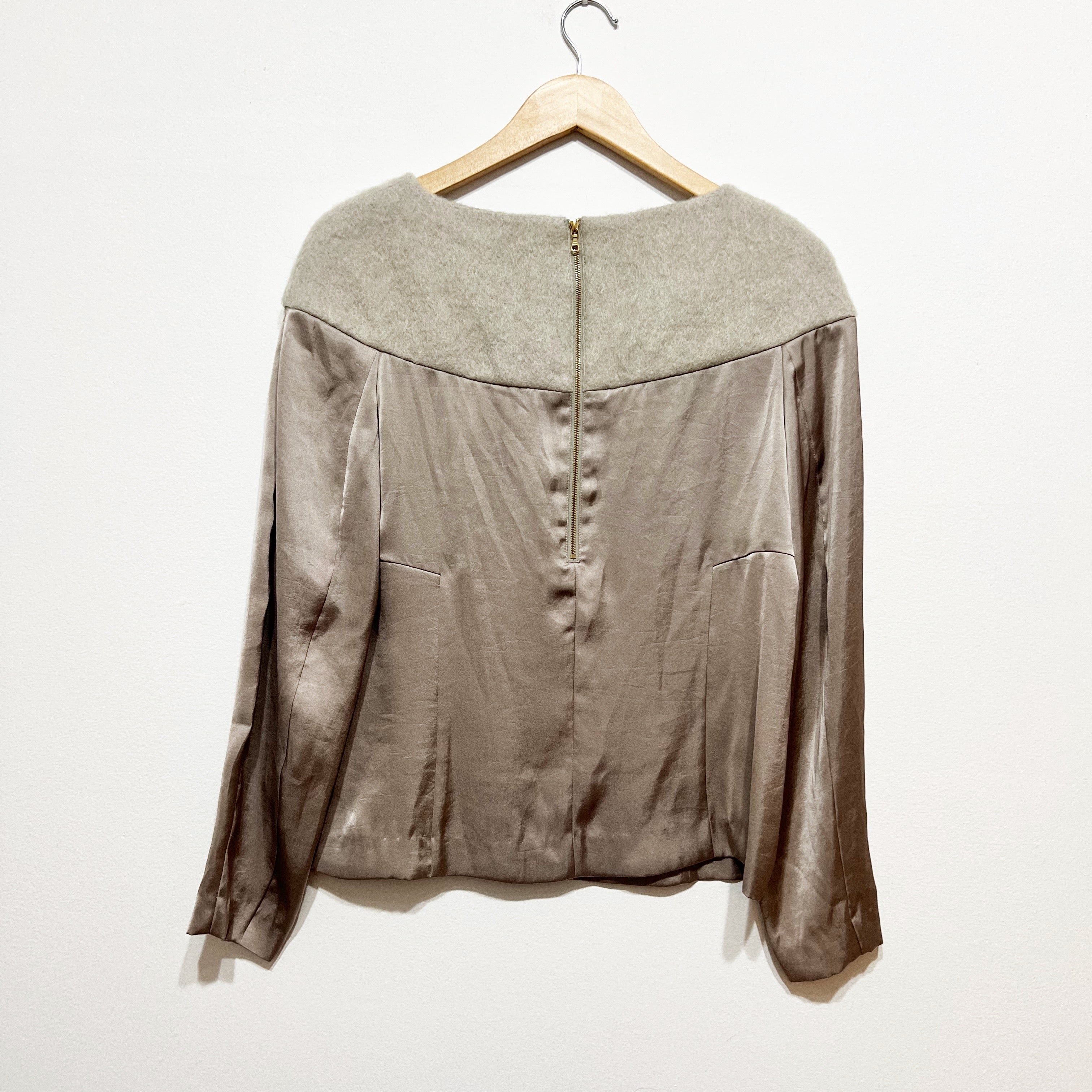 NEW J Brand Felt Textured Wool Satin Contrast Mixed Media Panel Blouse Gray Dove