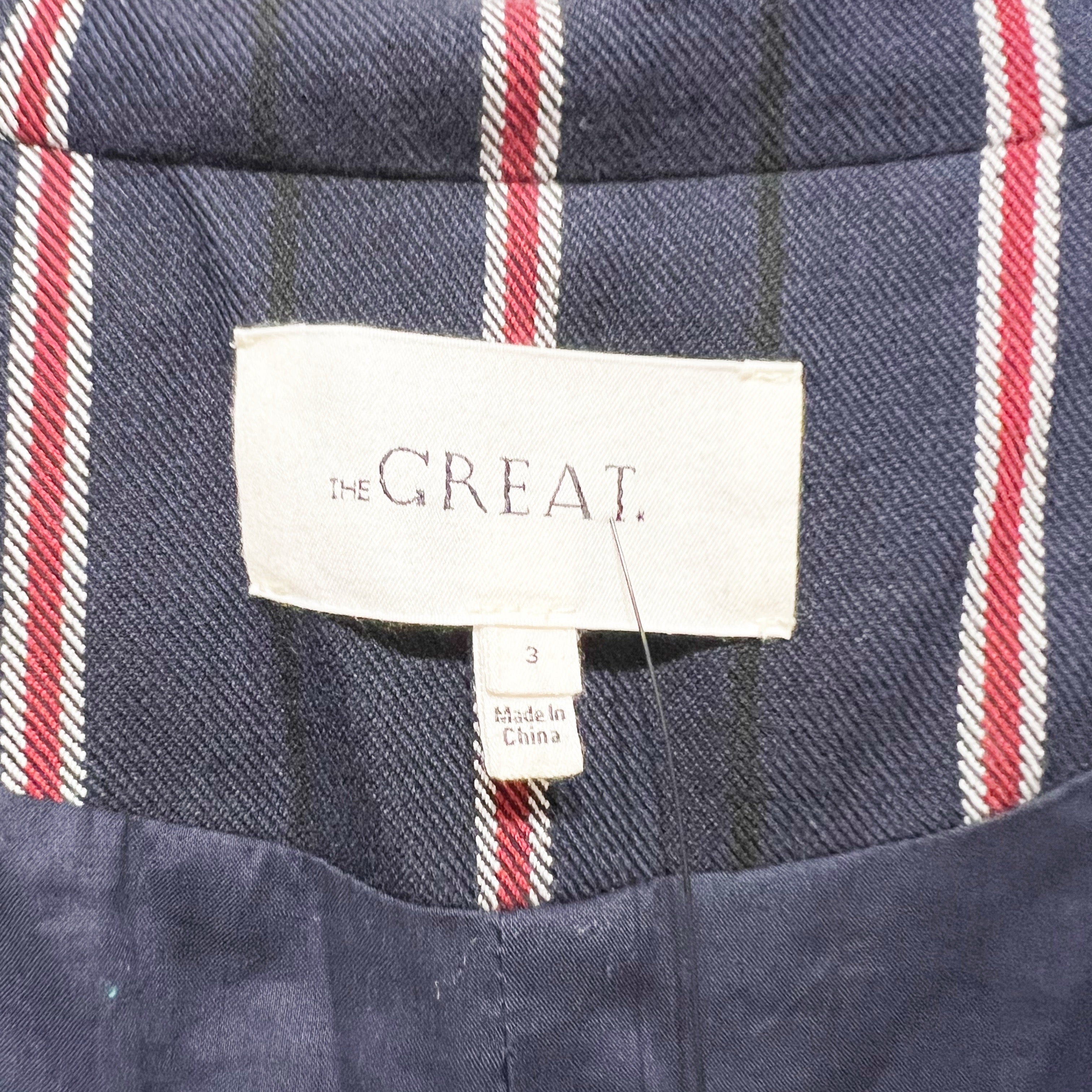 The Great Women's Shlumpy Cotton Double Breasted Striped Blazer Jacket Blue L