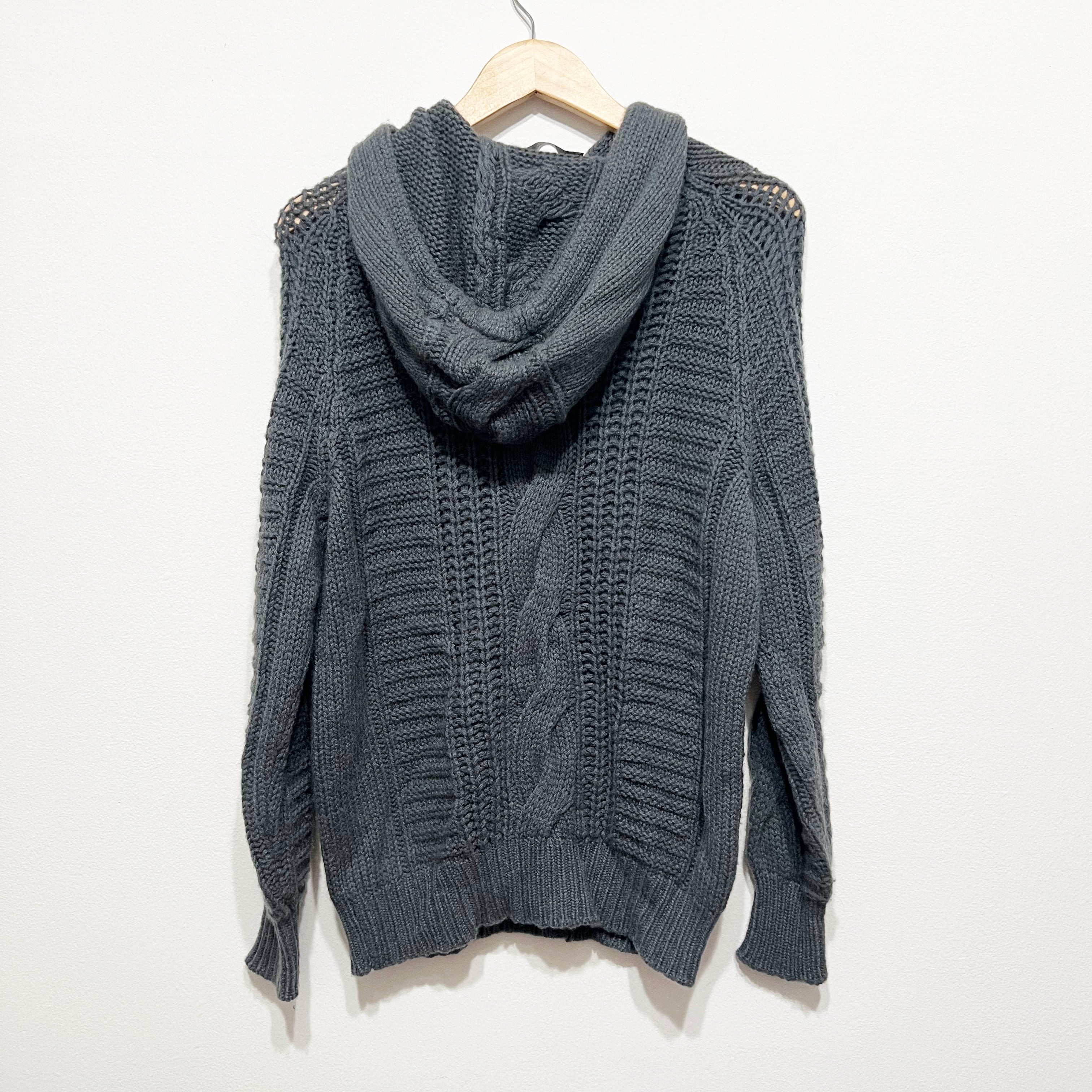 Lorena Antoniazzi Made In Italy Cashmere Cable Knit Pullover Hoodie Sweater Gray