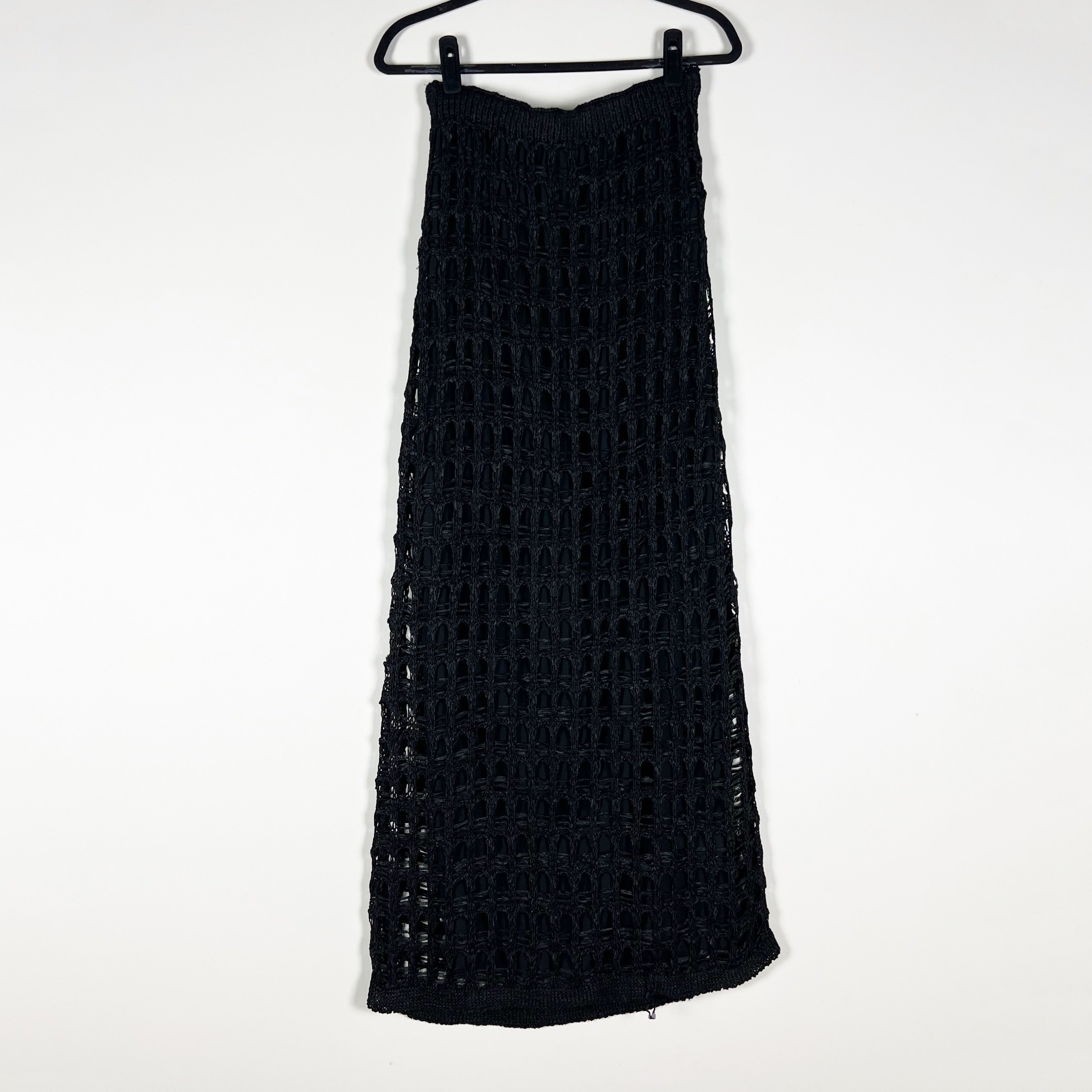 NEW Zara Raffia Crochet Knit Fish Net Mid Rise Straight Maxi Skirt Black Medium