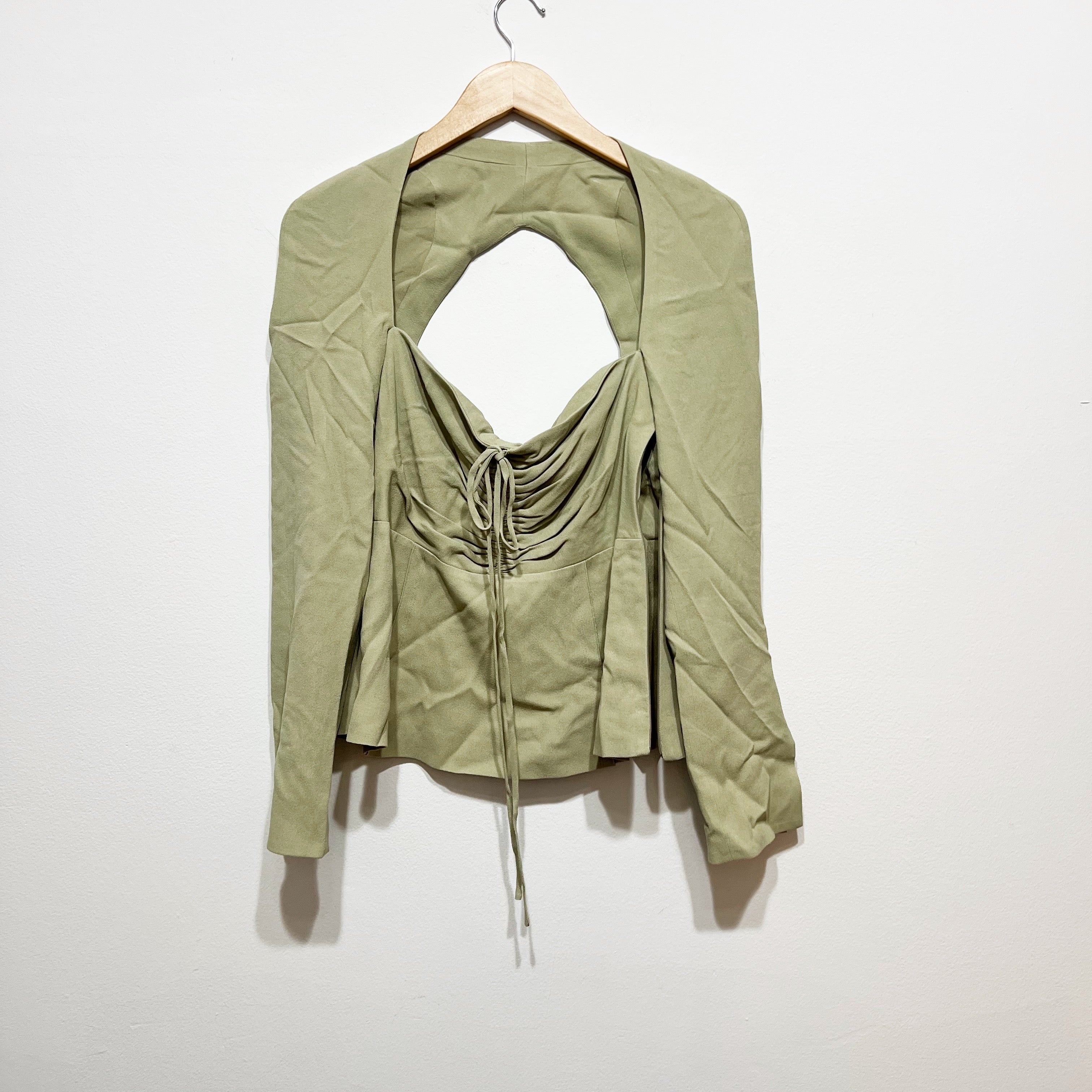 NEW Jonathan Simkhai Kennedy Ruched Front Halter Long Sleeve Blouse Thyme Green