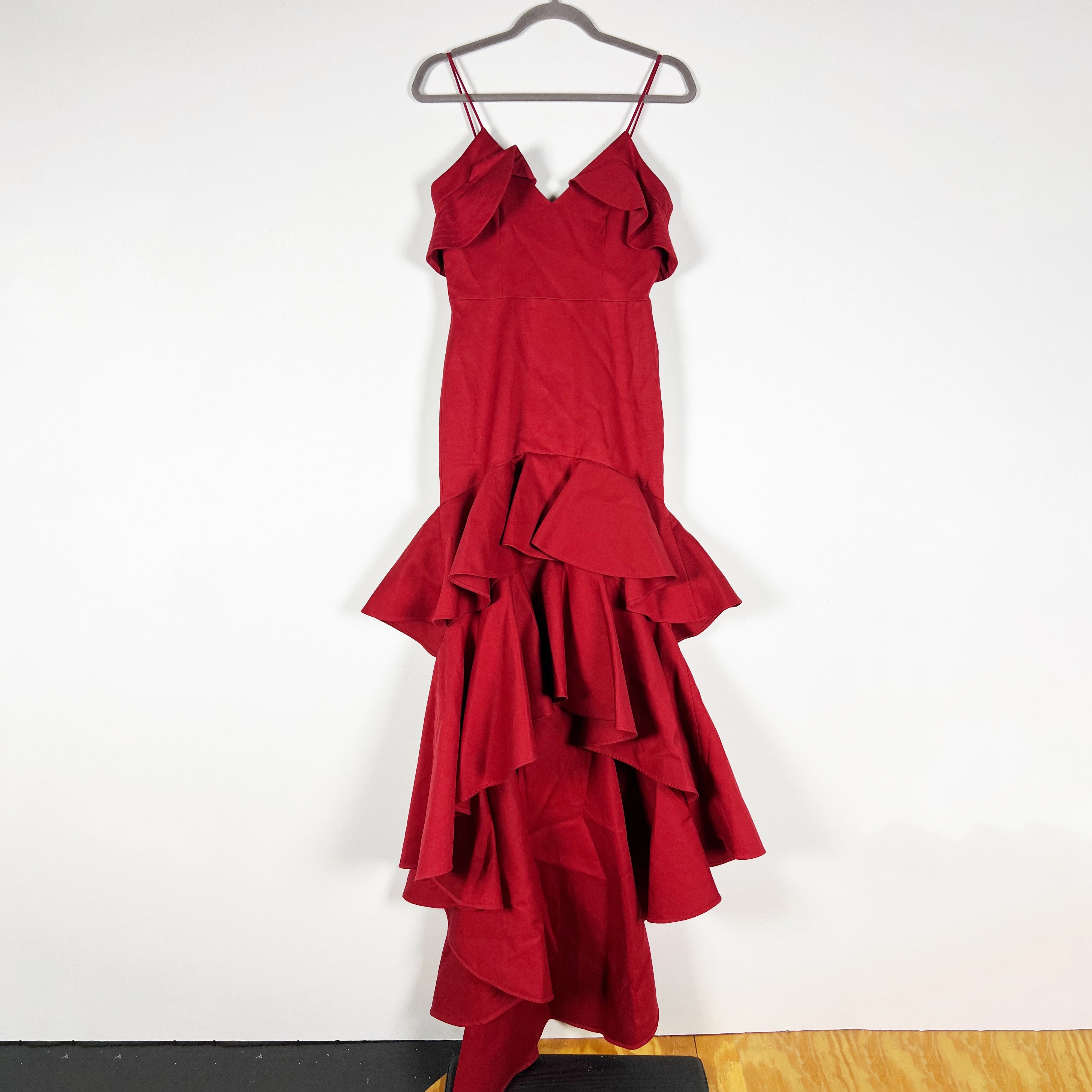 Alexis Zafina Cotton Poplin Asymmetrical Tiered Ruffle Long Maxi Dress Red Small