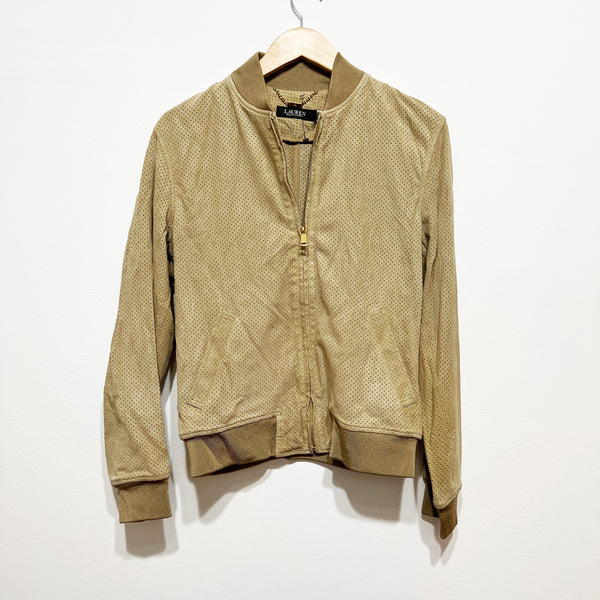 LAUREN Ralph Lauren Women's Genuine Goat Suede Leather Perforated Jacket Beige