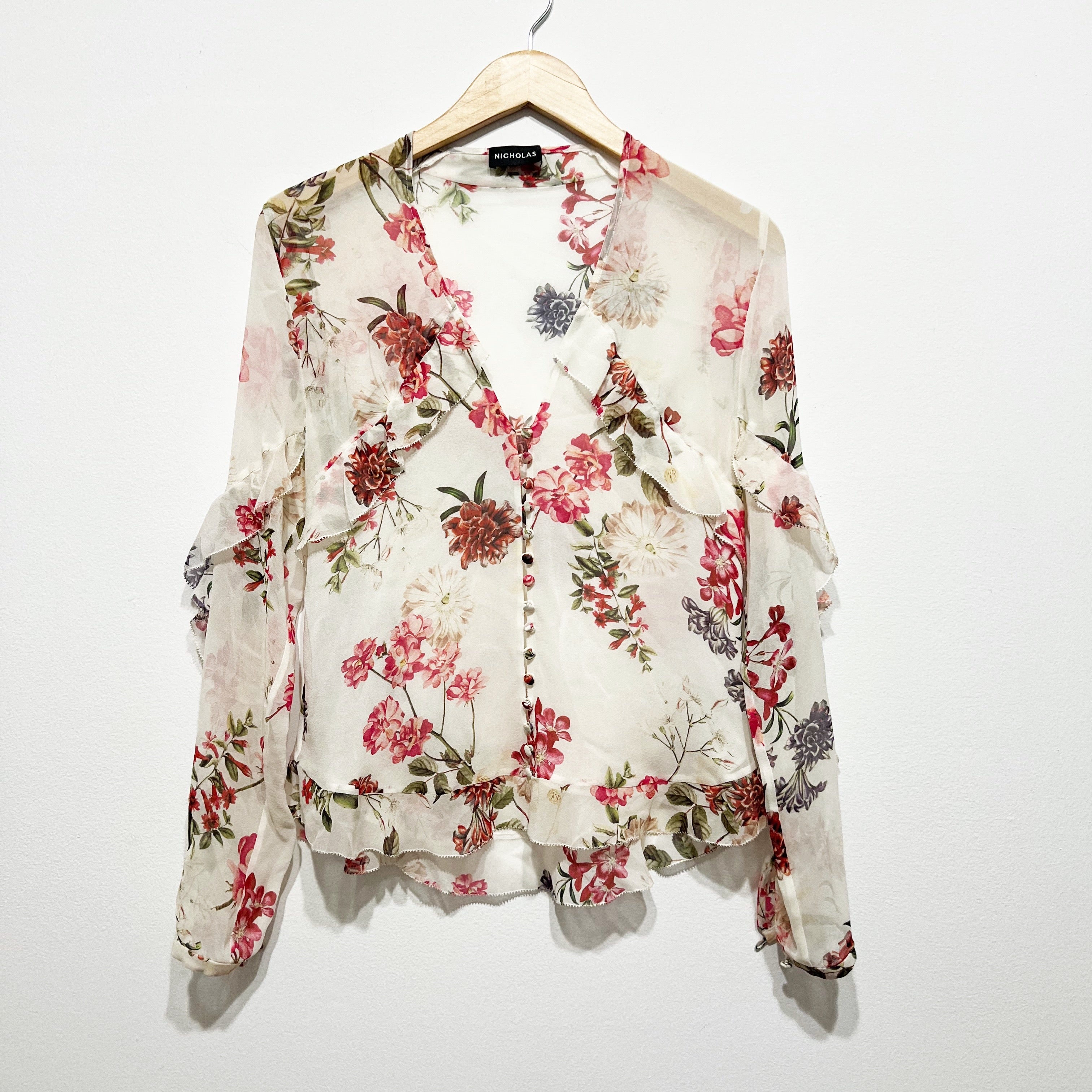 Nicholas Silk Chiffon Semi Sheer Long Sleeve Ruffle Button Front Blouse Shirt 2