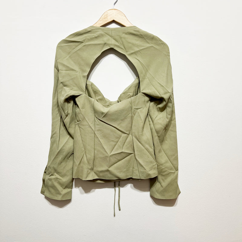 NEW Jonathan Simkhai Kennedy Ruched Front Halter Long Sleeve Blouse Thyme Green