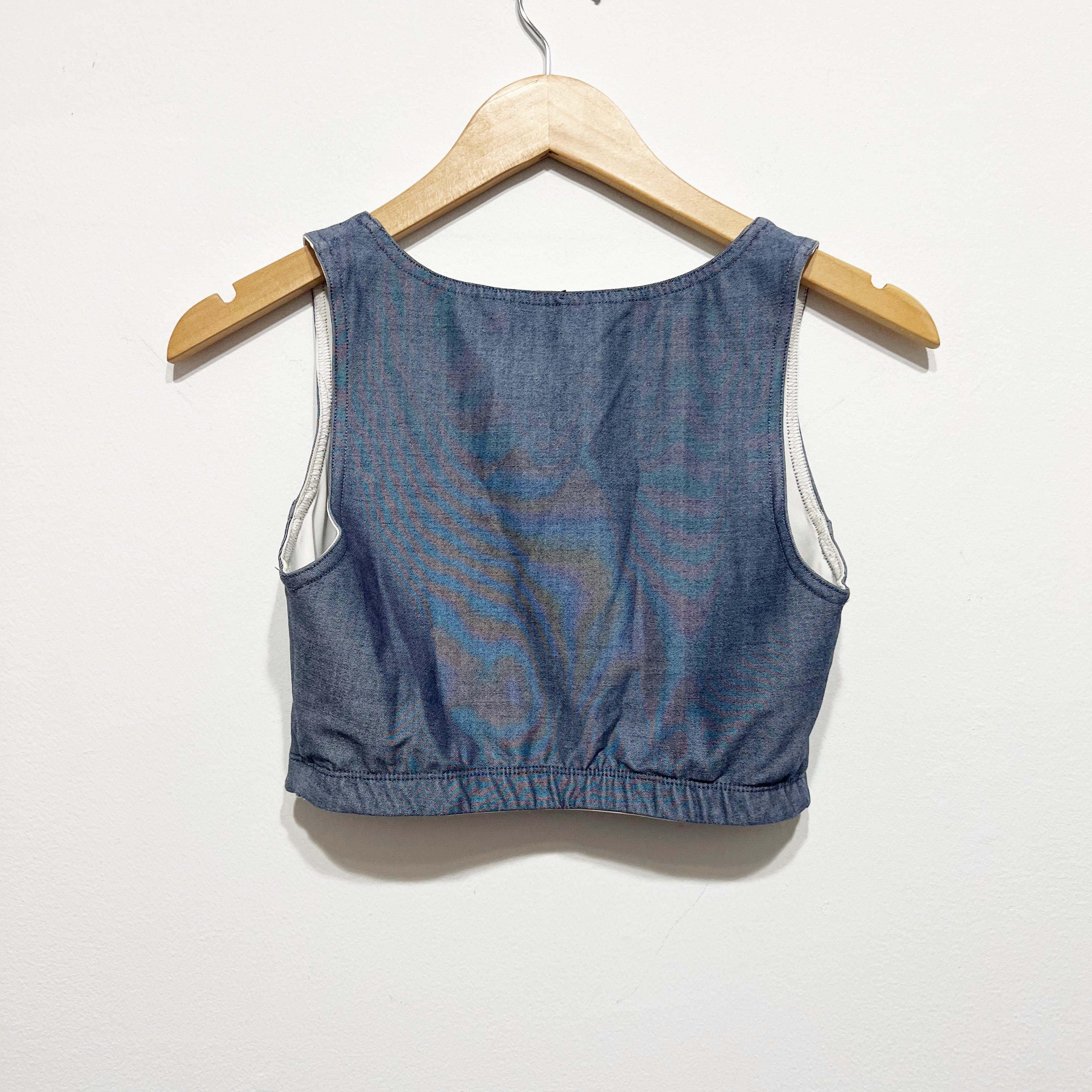 Year Of Ours Dolly Faux Chambray Denim Cropped Athletic Sports Bra Crop Top Blue