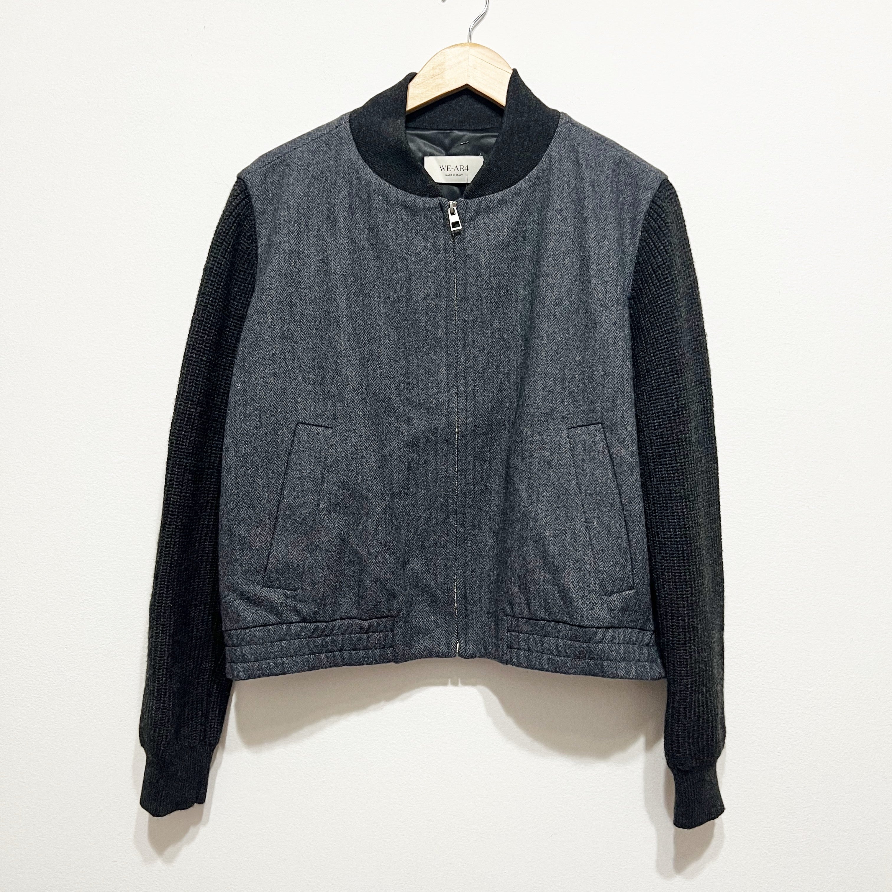 WE-AR4 Italy Wool Blend Woven Collarless Full Zip Bomber Jacket Gray Black Large