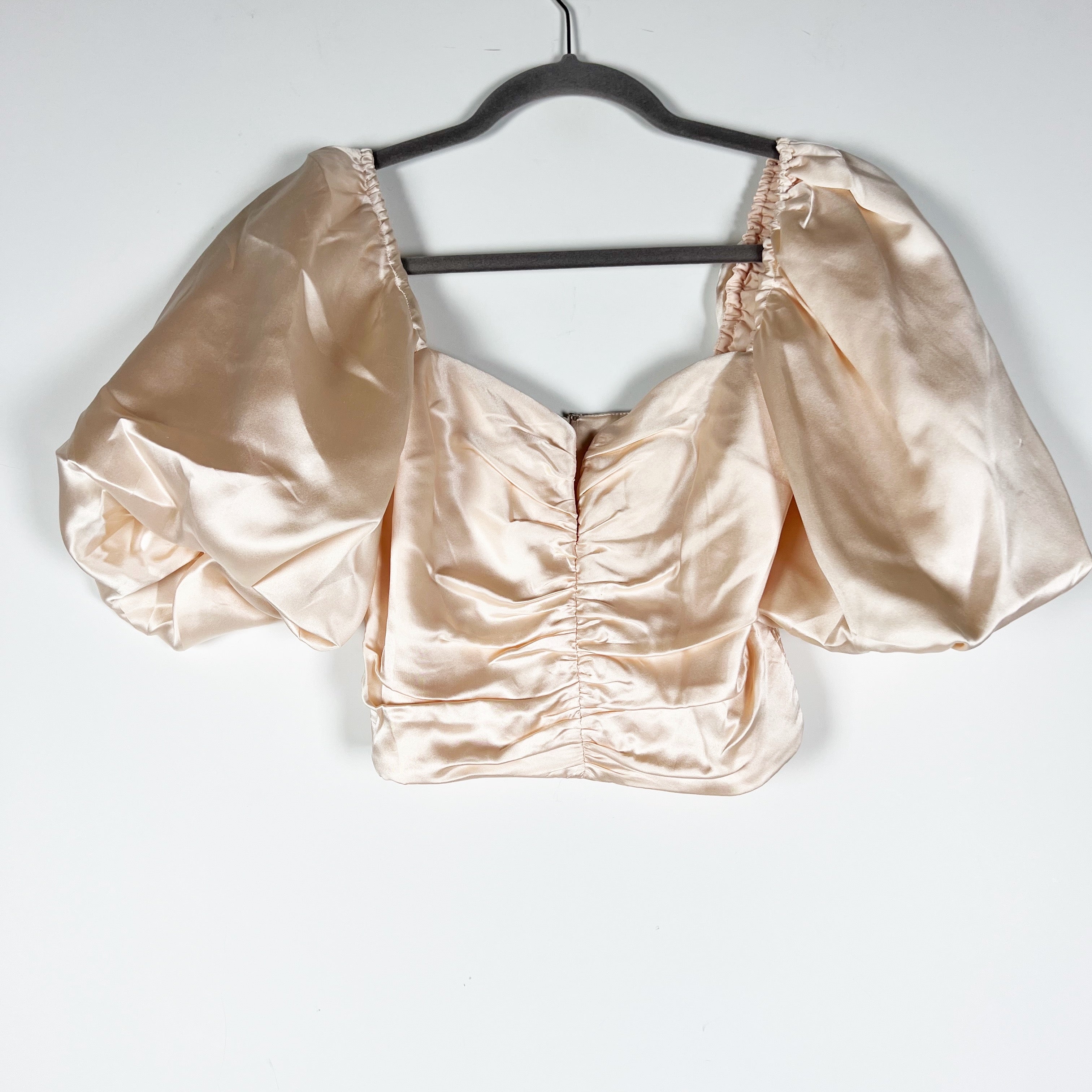 NEW Amanda Uprichard x Revolve Santucci Ruched Puff Sleeve Satin Blouse Pink XS