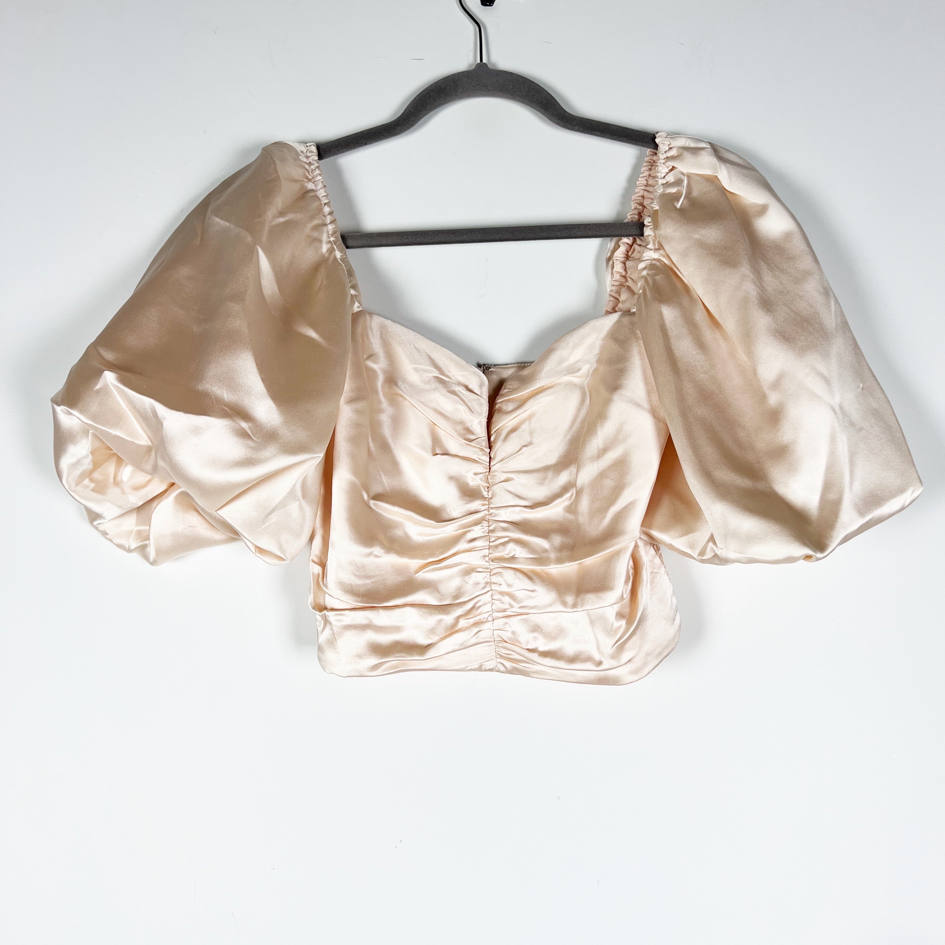 NEW Amanda Uprichard x Revolve Santucci Ruched Puff Sleeve Satin Blouse Pink XS
