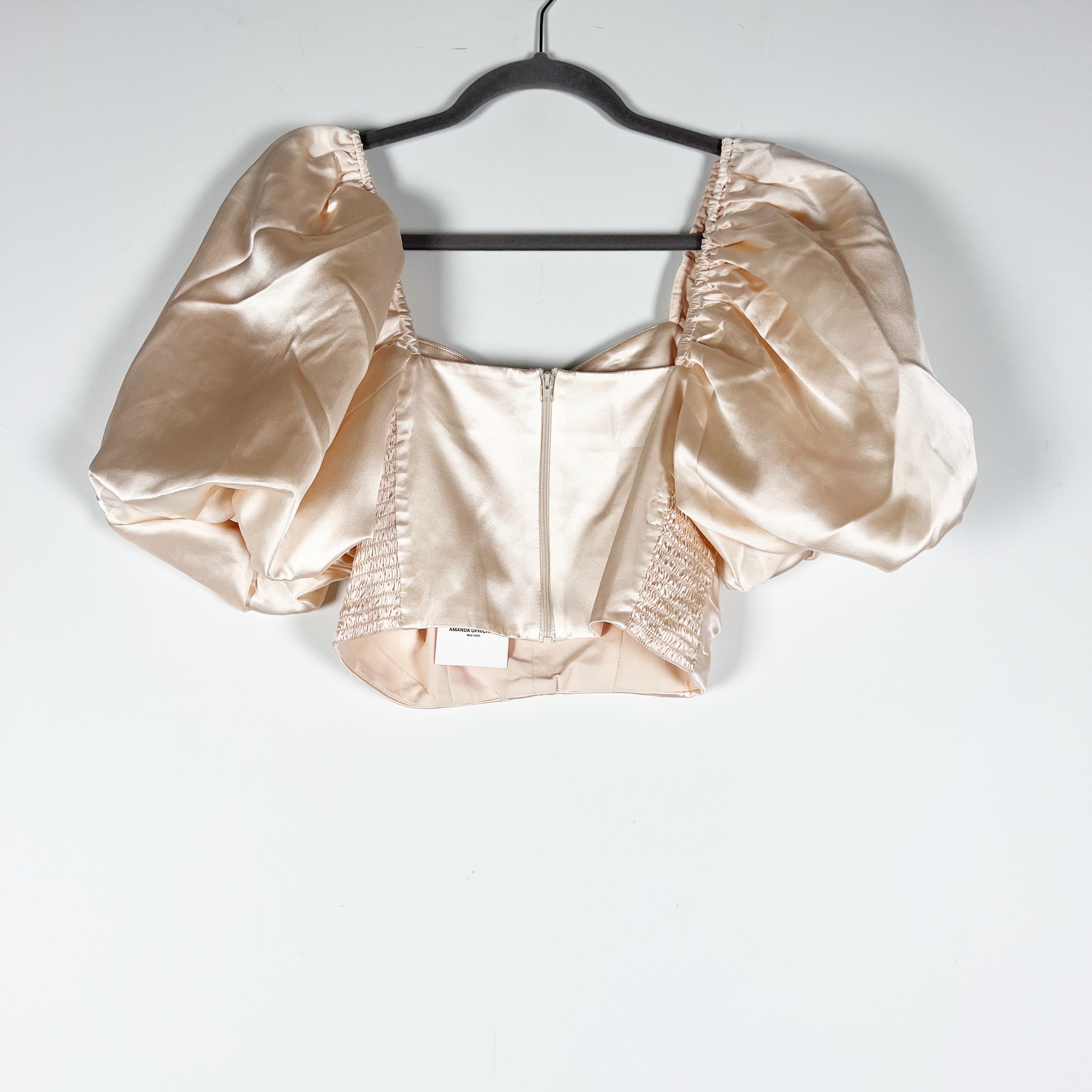 NEW Amanda Uprichard x Revolve Santucci Ruched Puff Sleeve Satin Blouse Pink XS