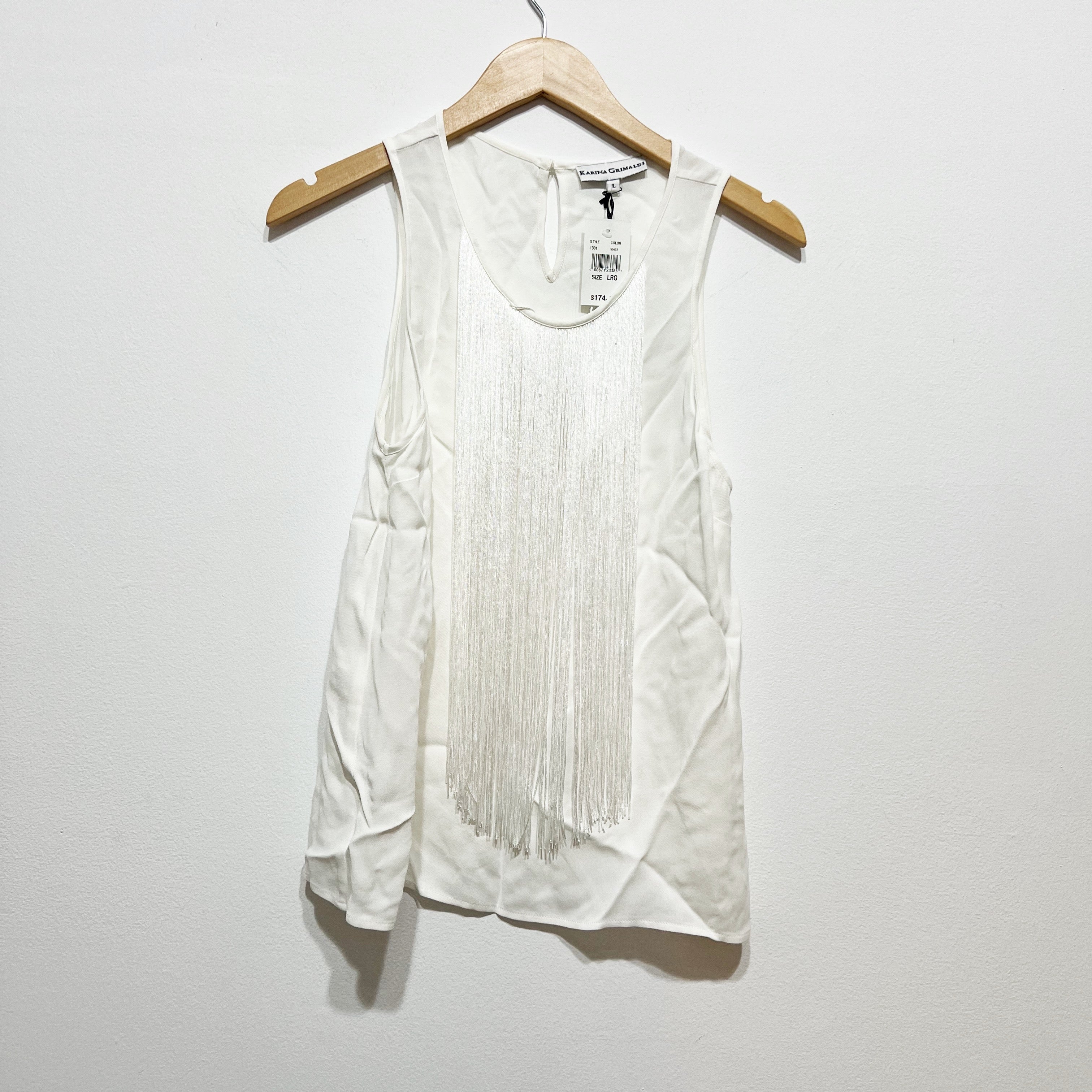 NEW Karina Grimaldi Fringe Tassel Sleeveless Scoop Neck Tank Top White Large