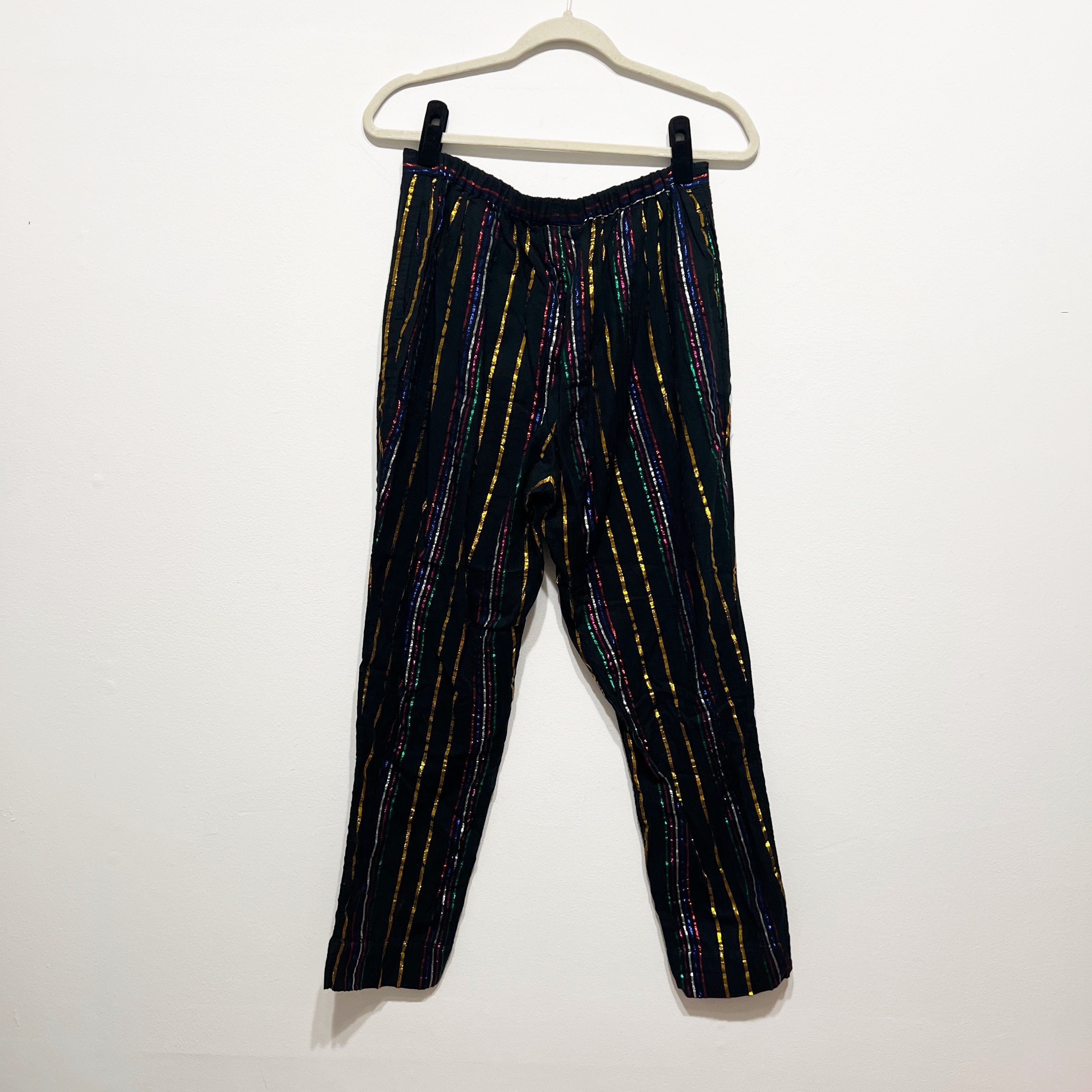 Farm Rio Cotton Lurex Rainbow Multi Stripe Print Pattern Straight Leg Pants M