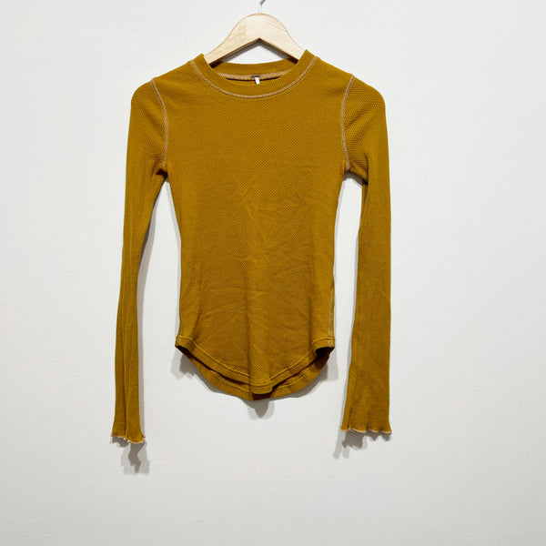 Free People Zip It Off Cotton Stretch Waffle Weave Crew Neck Long Sleeve Shirt