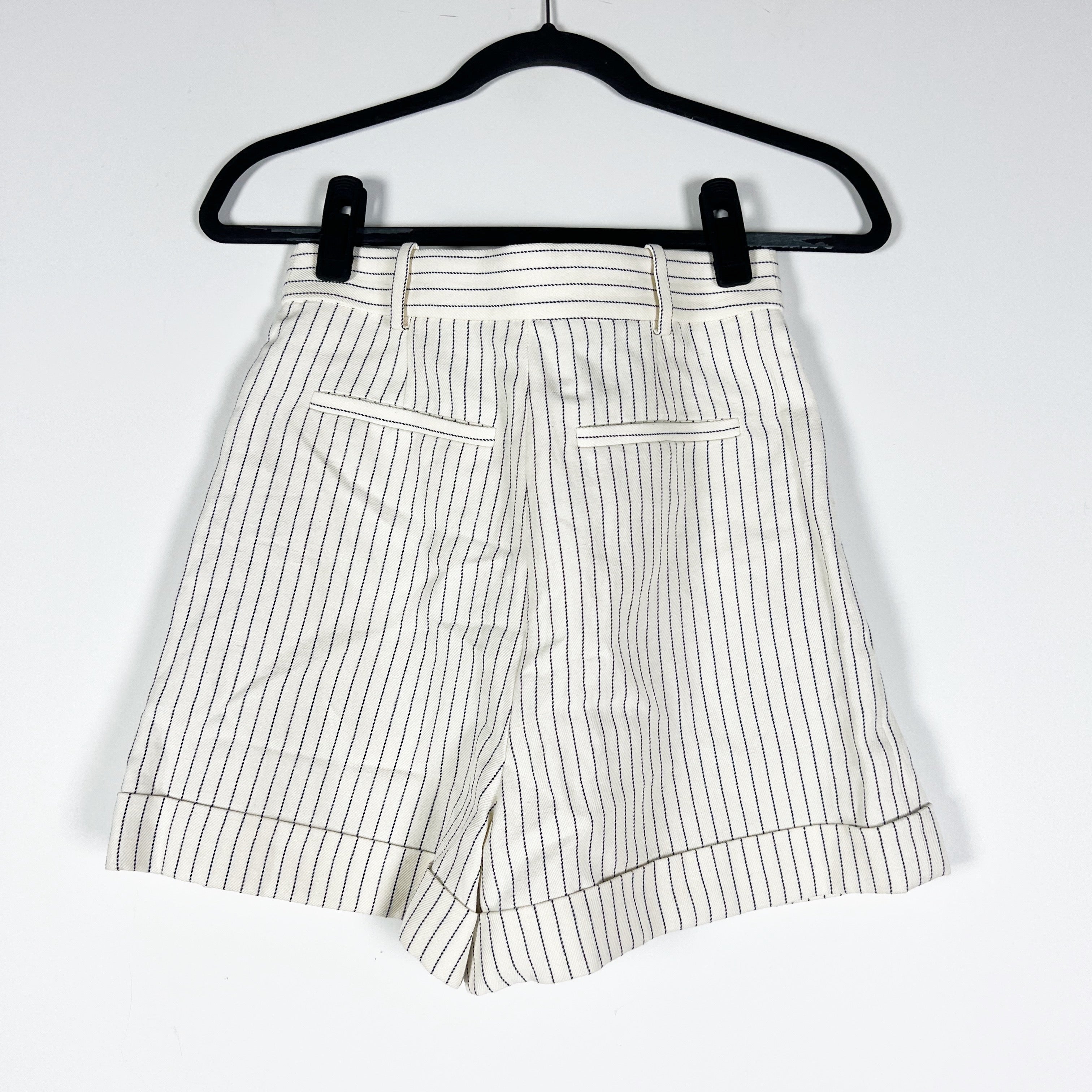 NEW Frame Pleated Wide Cuff High Waisted Twill Cream Multi Pin Stripe Shorts 0