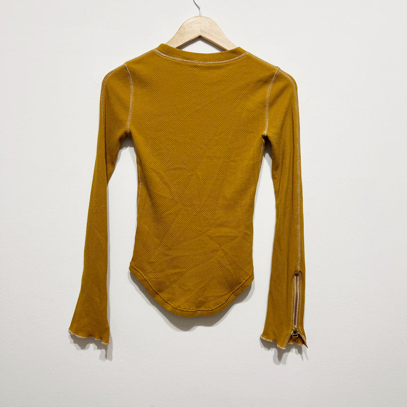 Free People Zip It Off Cotton Stretch Waffle Weave Crew Neck Long Sleeve Shirt