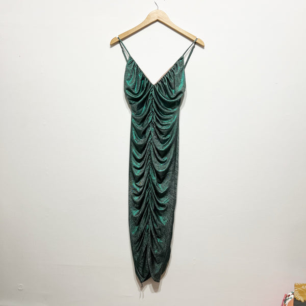 Lovers And Friends Ramona Ruched V Neck Jade Green Metallic Holographic Dress S