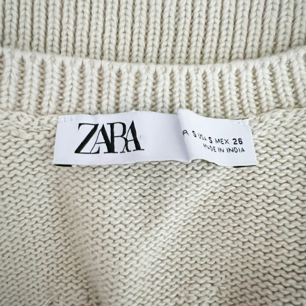 Zara Cotton Knit Stretch Beaded Embellished Cardigan Sweater Neutral Small