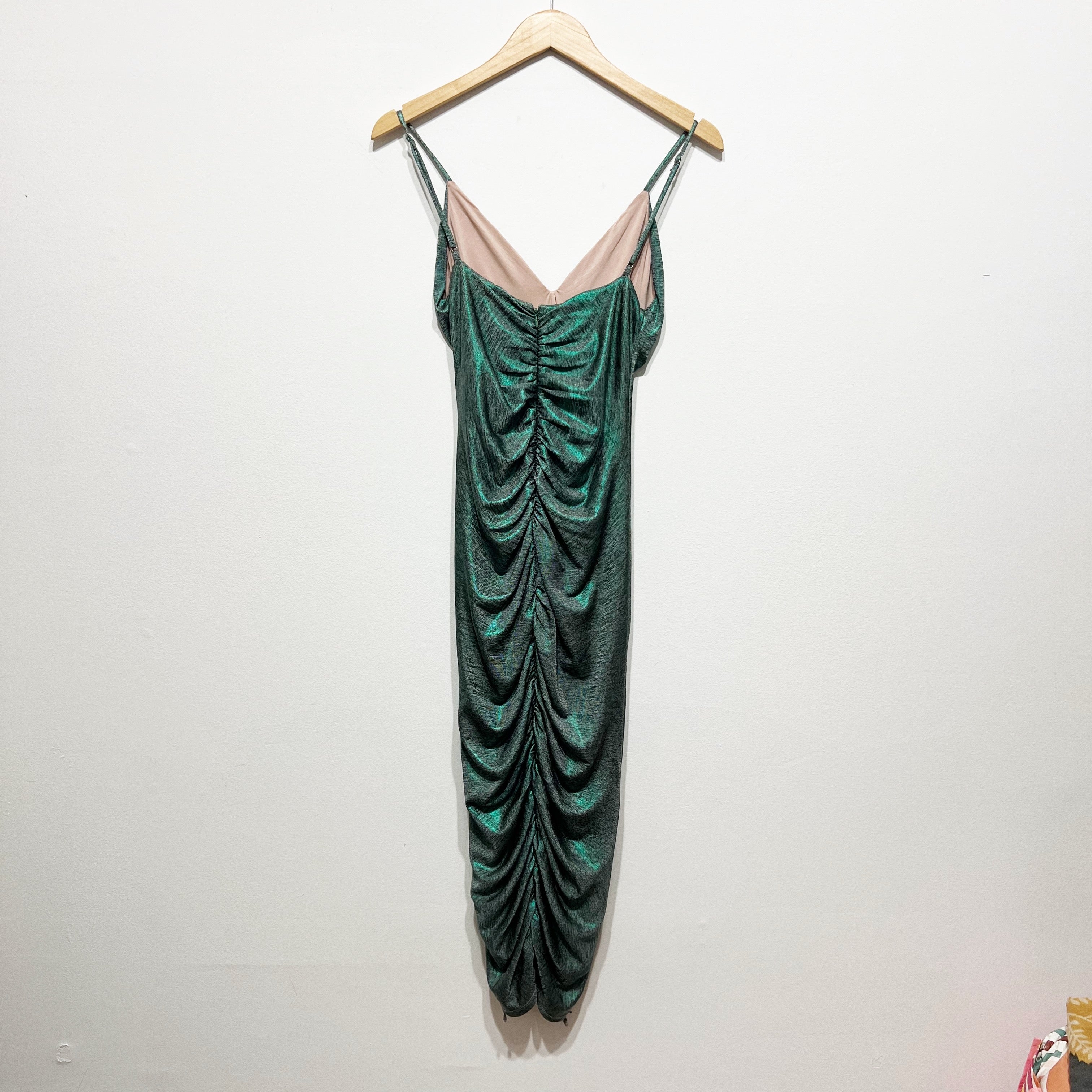 Lovers And Friends Ramona Ruched V Neck Jade Green Metallic Holographic Dress S