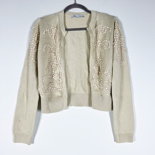 Zara Cotton Knit Stretch Beaded Embellished Cardigan Sweater Neutral Small