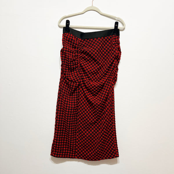Rachel Comey Red Black Puckered Gingham Check Print Pattern Ruched Skirt 12