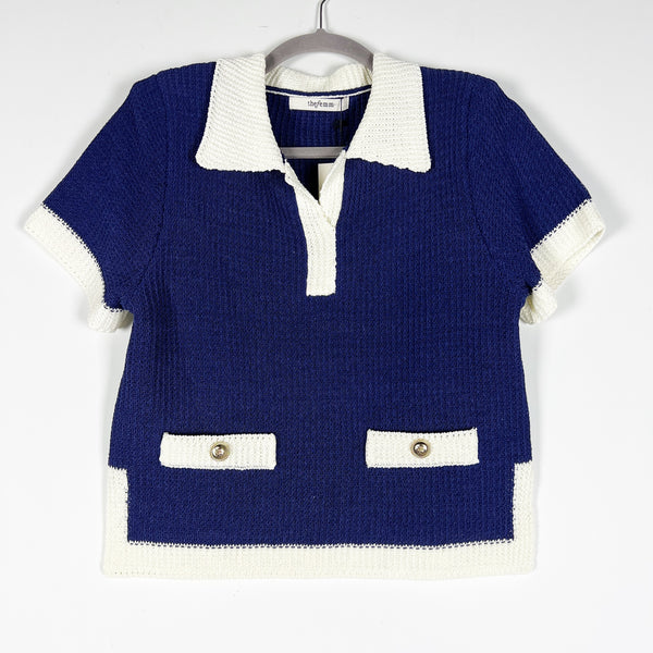 NEW The Femm Dane Boxy Knit Stretch Collared Polo Short Sleeve Sweater Midnight
