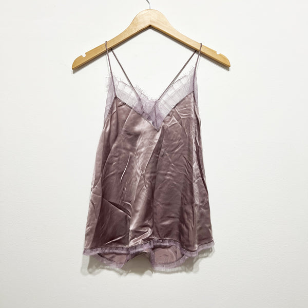 NEW IRO Berwyn Silk Satin Chiffon Pleated Tulle Trim Camisole Tank Top Purple XS