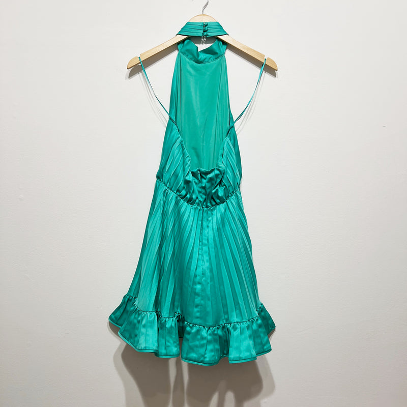 NEW Amur Amiri Pleated Satin Halter Neck Sleeveless Ruffle Mini Dress Atlantis 4