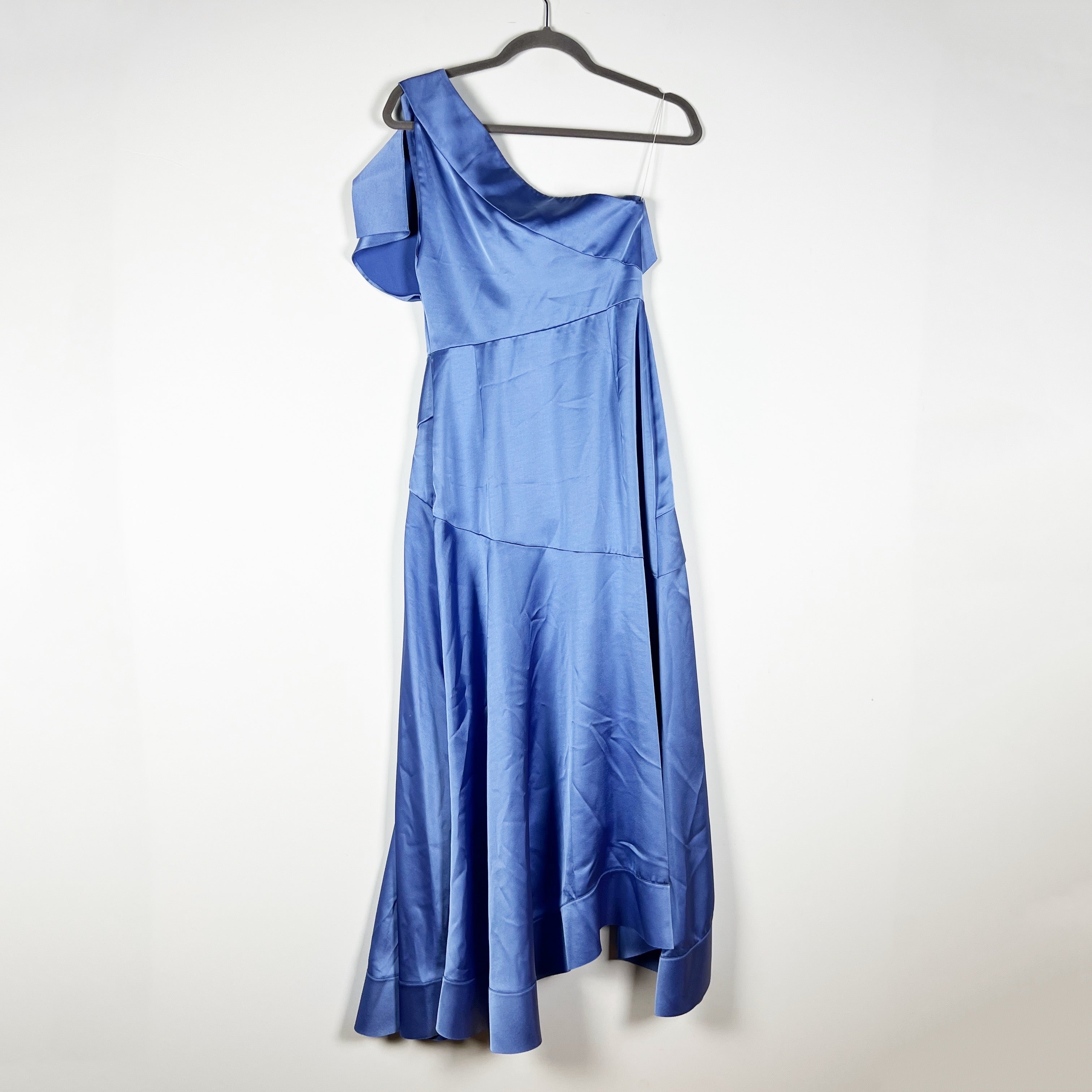 Acler Bonham Bias Draped One Shoulder Bow Tie Satin Wedgewood Blue Midi Dress 4