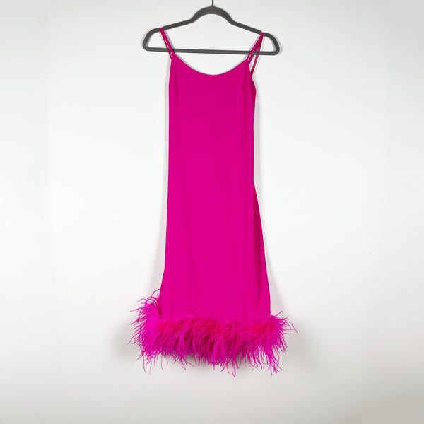 NEW Amanda Uprichard Marianna Midi Feather Trim Slip Dress Hot Pink Light XS