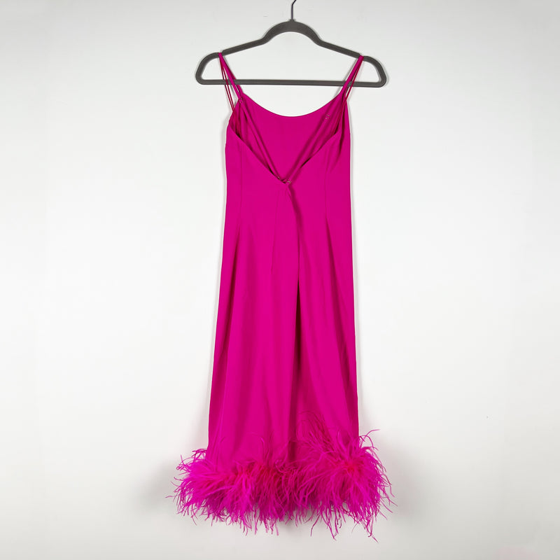 NEW Amanda Uprichard Marianna Midi Feather Trim Slip Dress Hot Pink Light XS