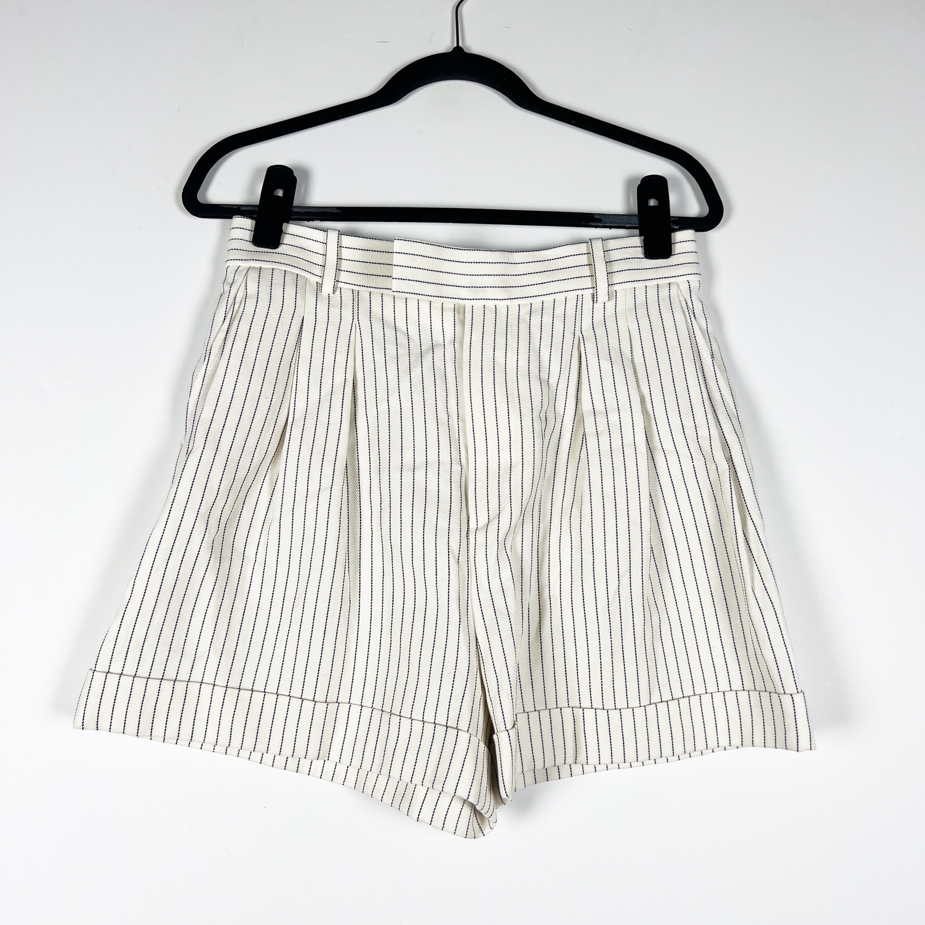 NEW Frame Pleated Wide Cuff High Waisted Twill Cream Multi Pin Stripe Shorts 6